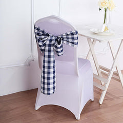 5 Pack Polyester Chair Sashes Navy Blue/White Buffalo Plaid - Durable & Reusable Chair Bows 6"x108"