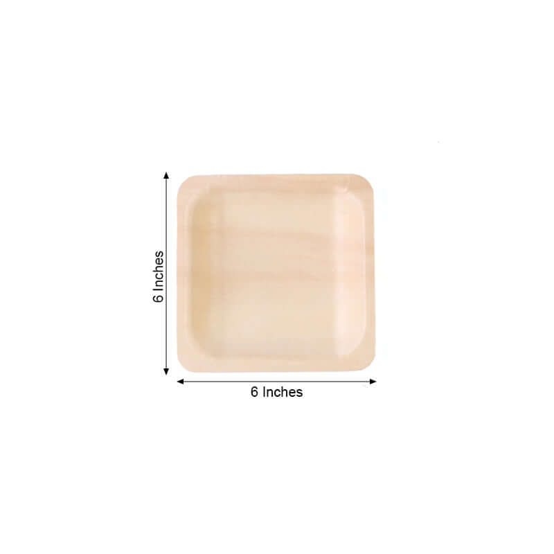 25 Pack 6" Square Eco Friendly Birchwood Wooden Dessert, Appetizer Plates