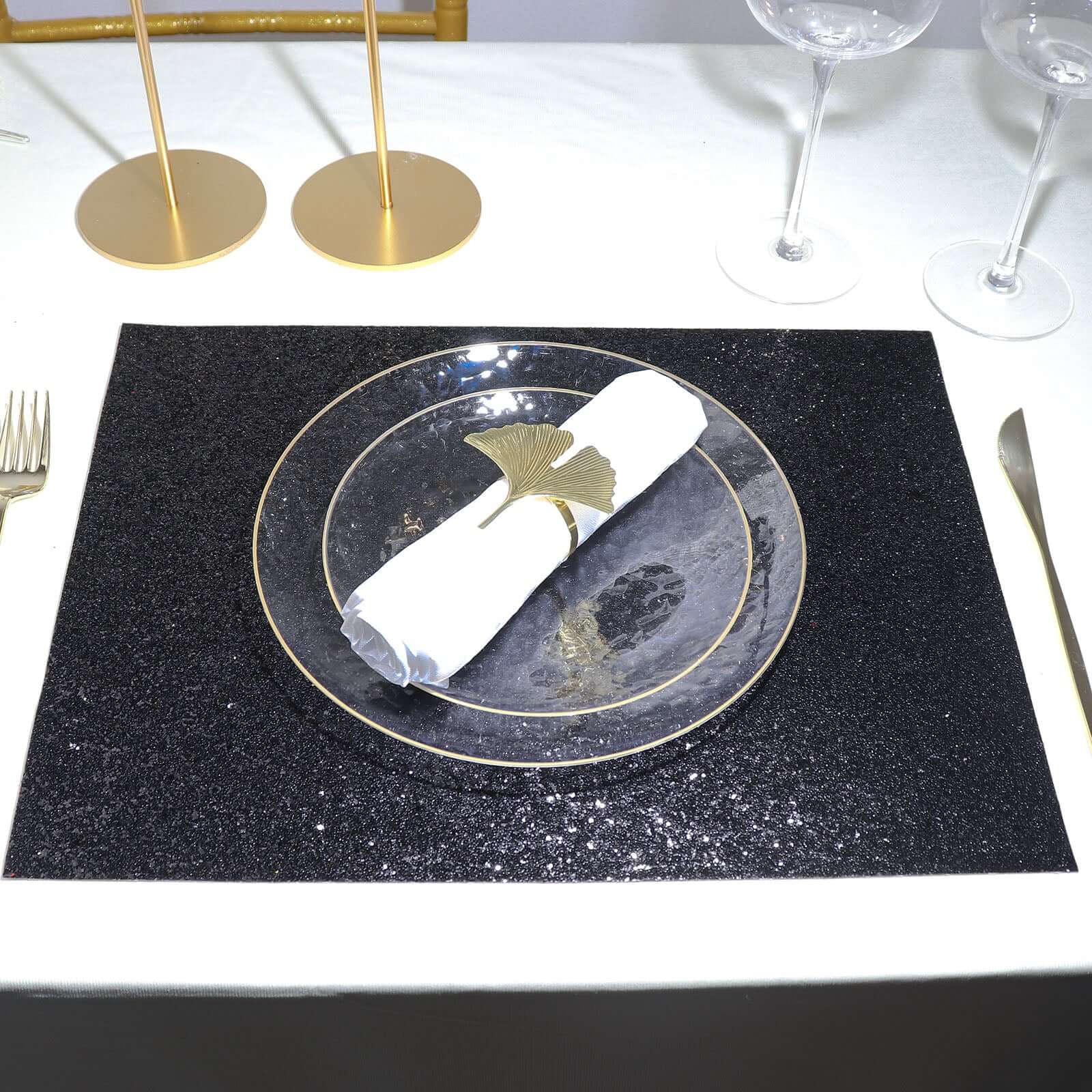 6-Pack Placemats Glitter Design Black Sparkle Rectangle - Non-Slip Decorative Dining Table Mats 12"x18"