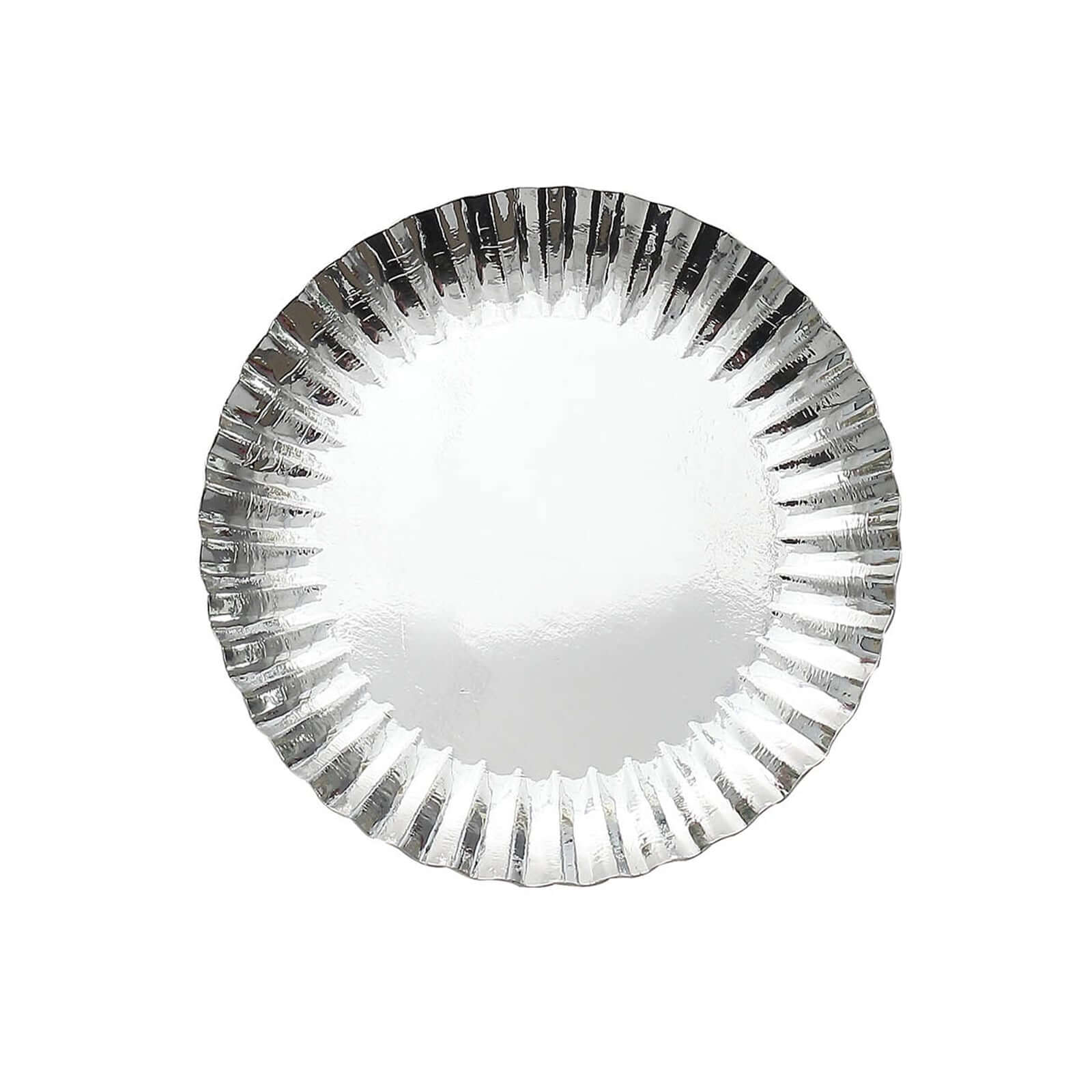 50-Pack Paper 5" Round Dessert Plates in Metallic Silver with Scalloped Rim - Disposable 250GSM Appetizer Party Plates