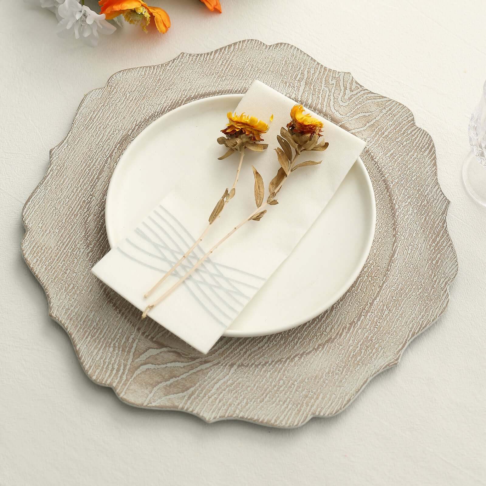 6-Pack Acrylic Round Charger Plates 13" in Rustic White with Wood Grain Scalloped Rim, Decorative Dinner Party Charger Tableware