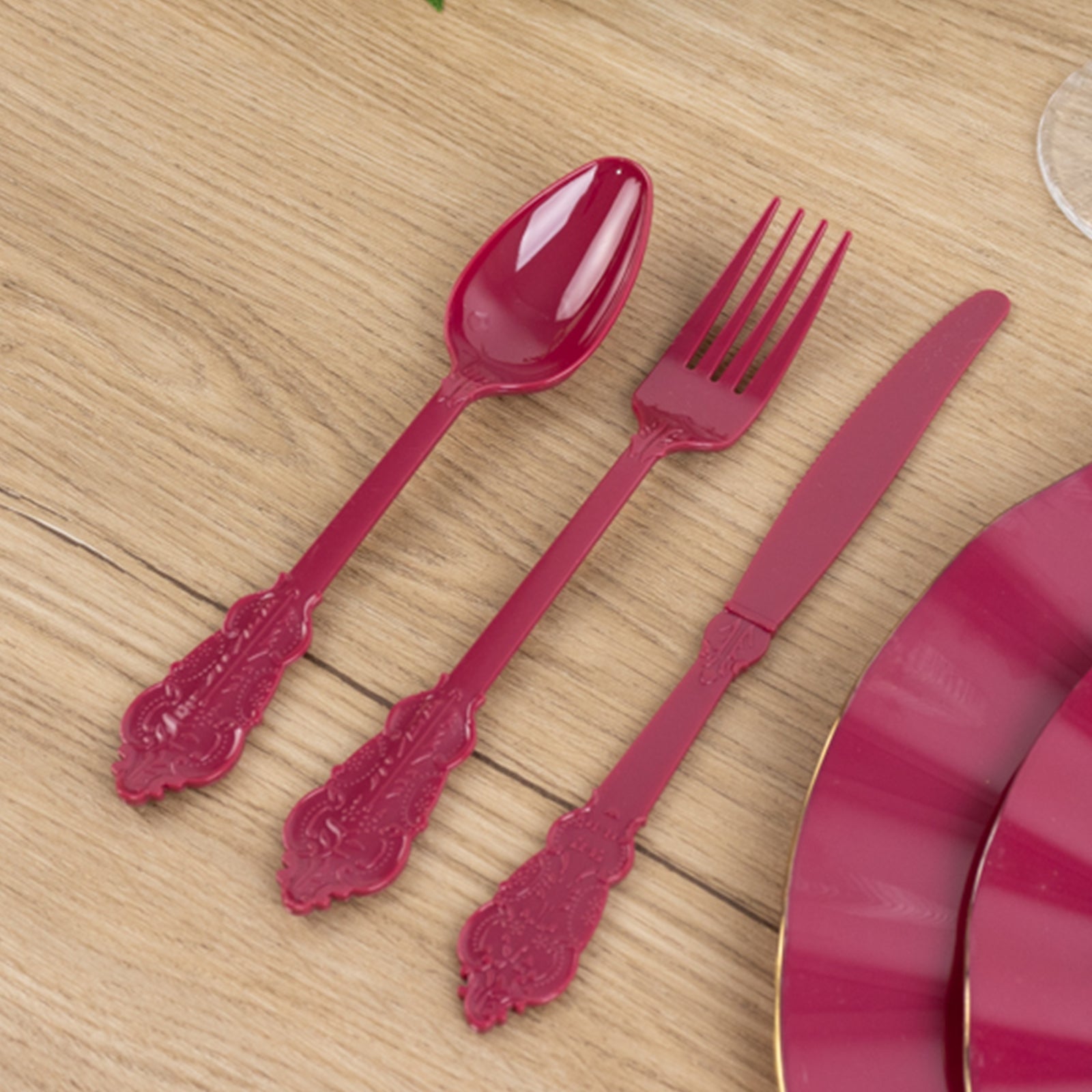 72 Pcs Plastic Silverware Set in Baroque Style Burgundy - Heavy Duty Disposable Knife, Fork, and Spoon Set