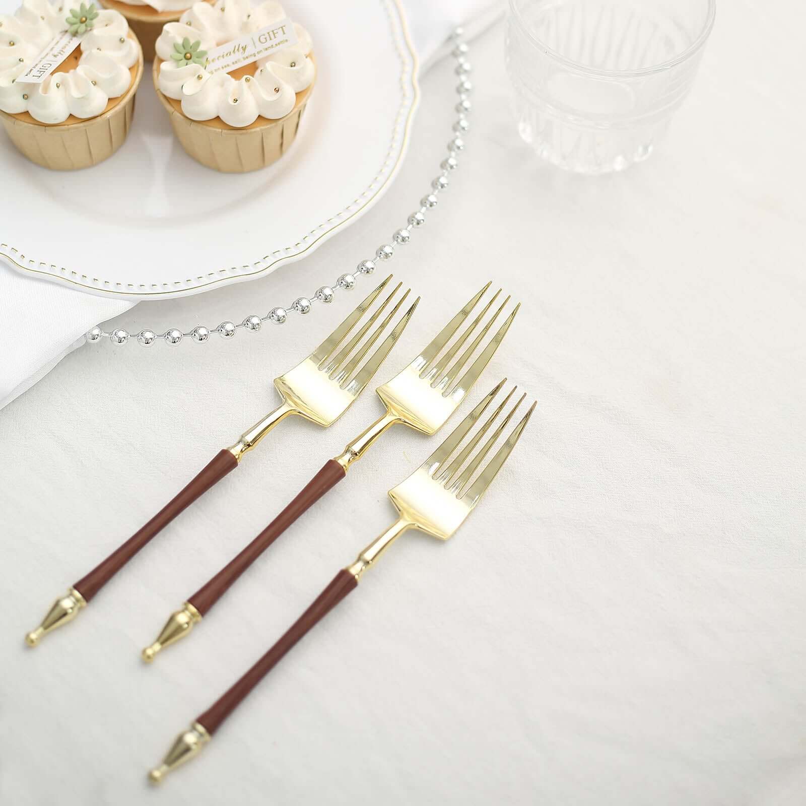 24-Pack Plastic Forks with Roman Column Handle Gold/Brown - European Style Disposable Utensils 8"