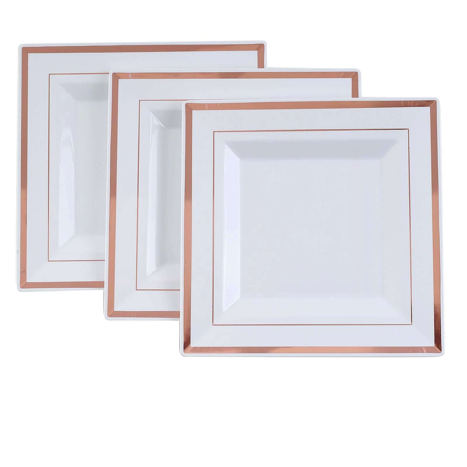 10-Pack Plastic Salad Dessert Plates White Square with Rose Gold Trim - Durable Disposable Appetizer Plates 7"