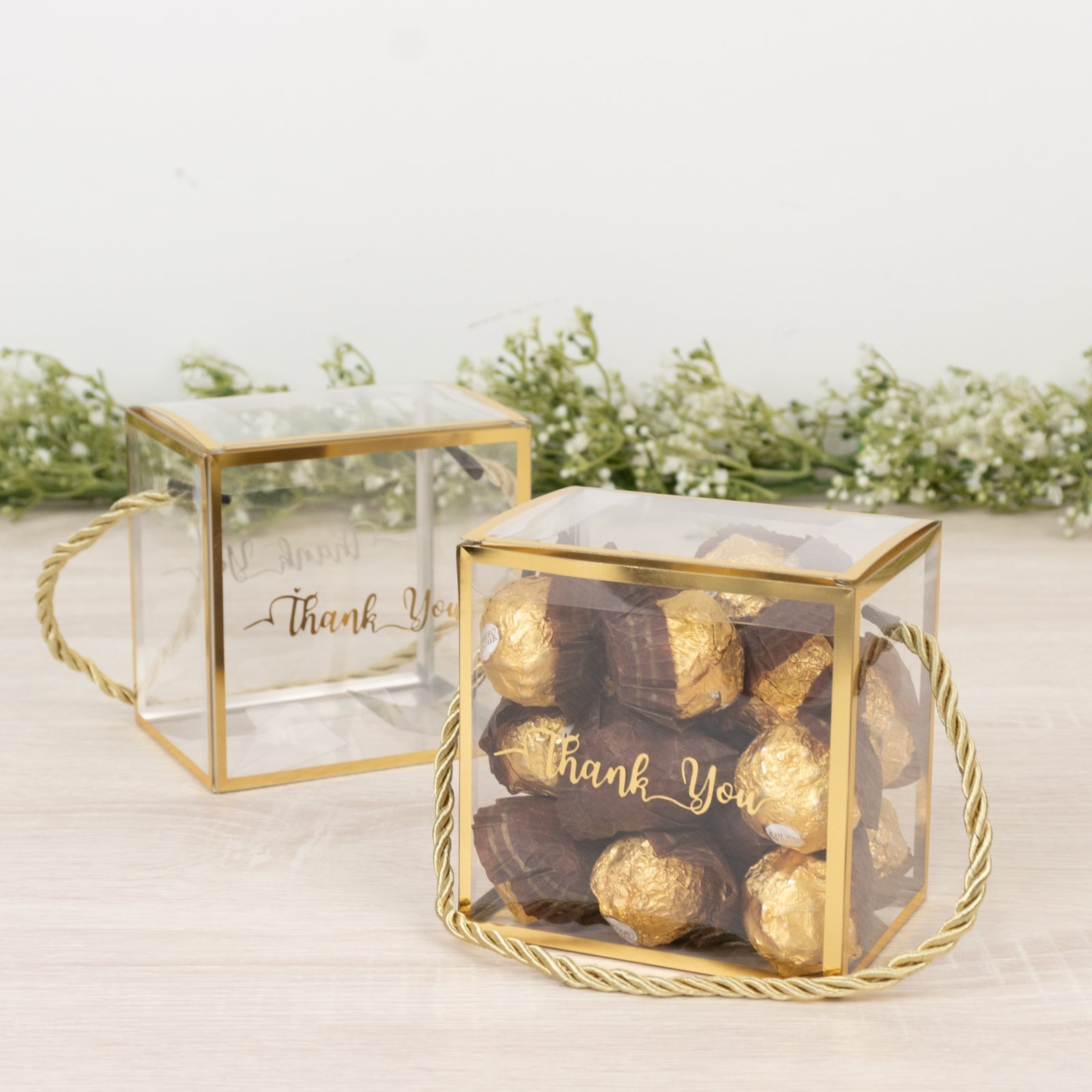 25 Pack Plastic Clear Square Gift Boxes with Gold Trim - Transparent Favor Boxes, Rope Handle, Pre-Printed Thank You Message - 4"x4"