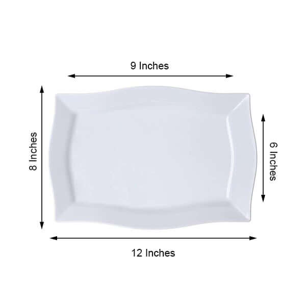 10-Pack Serving Plates Rectangular Design with Wave Trimmed Rim Glossy White - Plastic Disposable Event Plates 12"