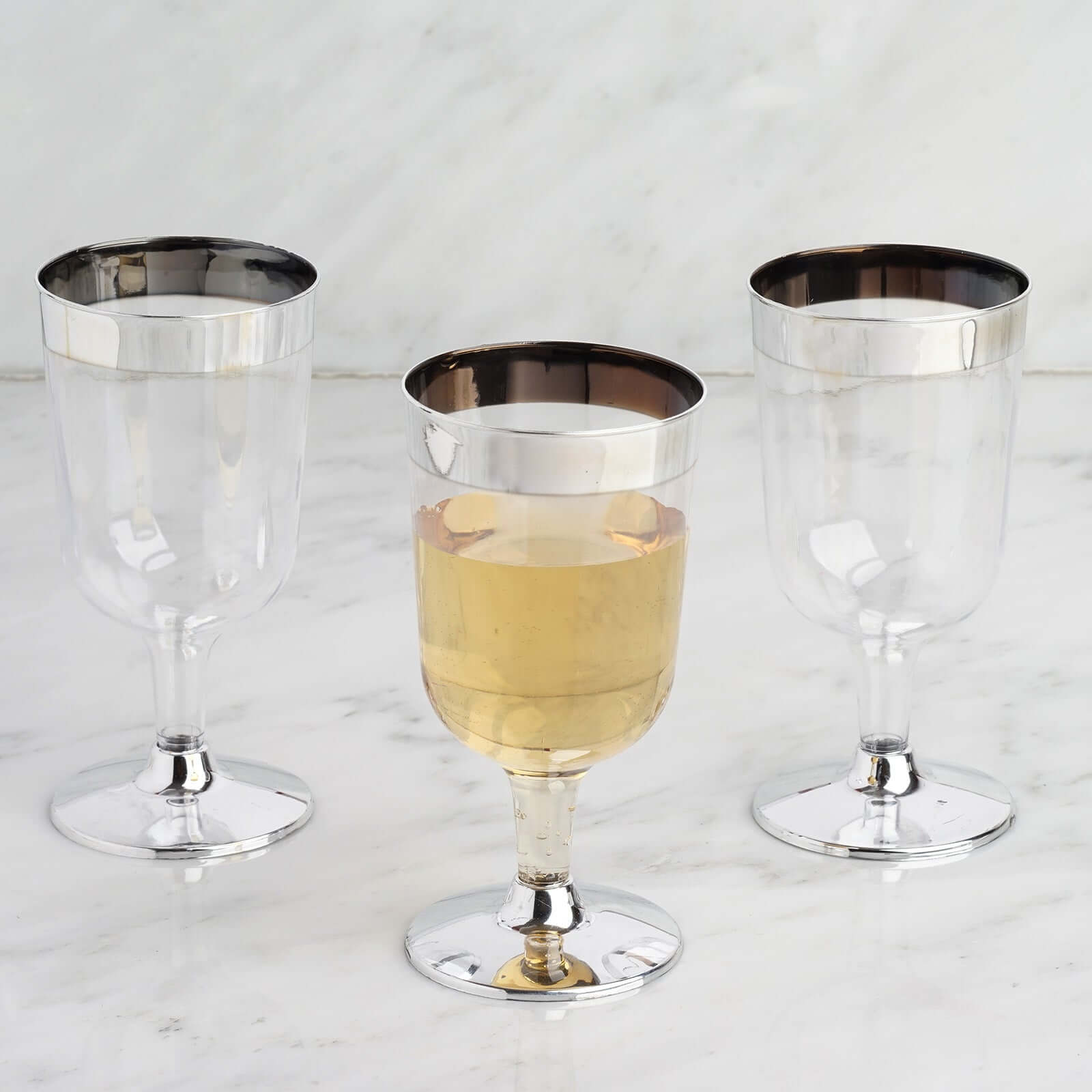 12-Pack Plastic Wine Glasses Clear with Chrome Silver Rim - Stylish Short Stem Disposable Cups for Parties 6oz