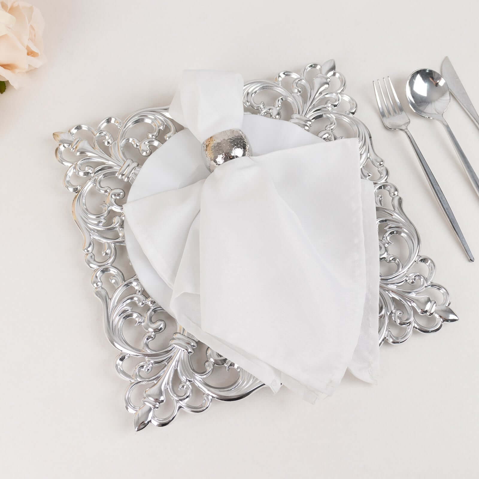 6-Pack Acrylic Square Charger Plates 12" in Silver with Hollow Lace Border, Event Tabletop Decorative Charger Tableware