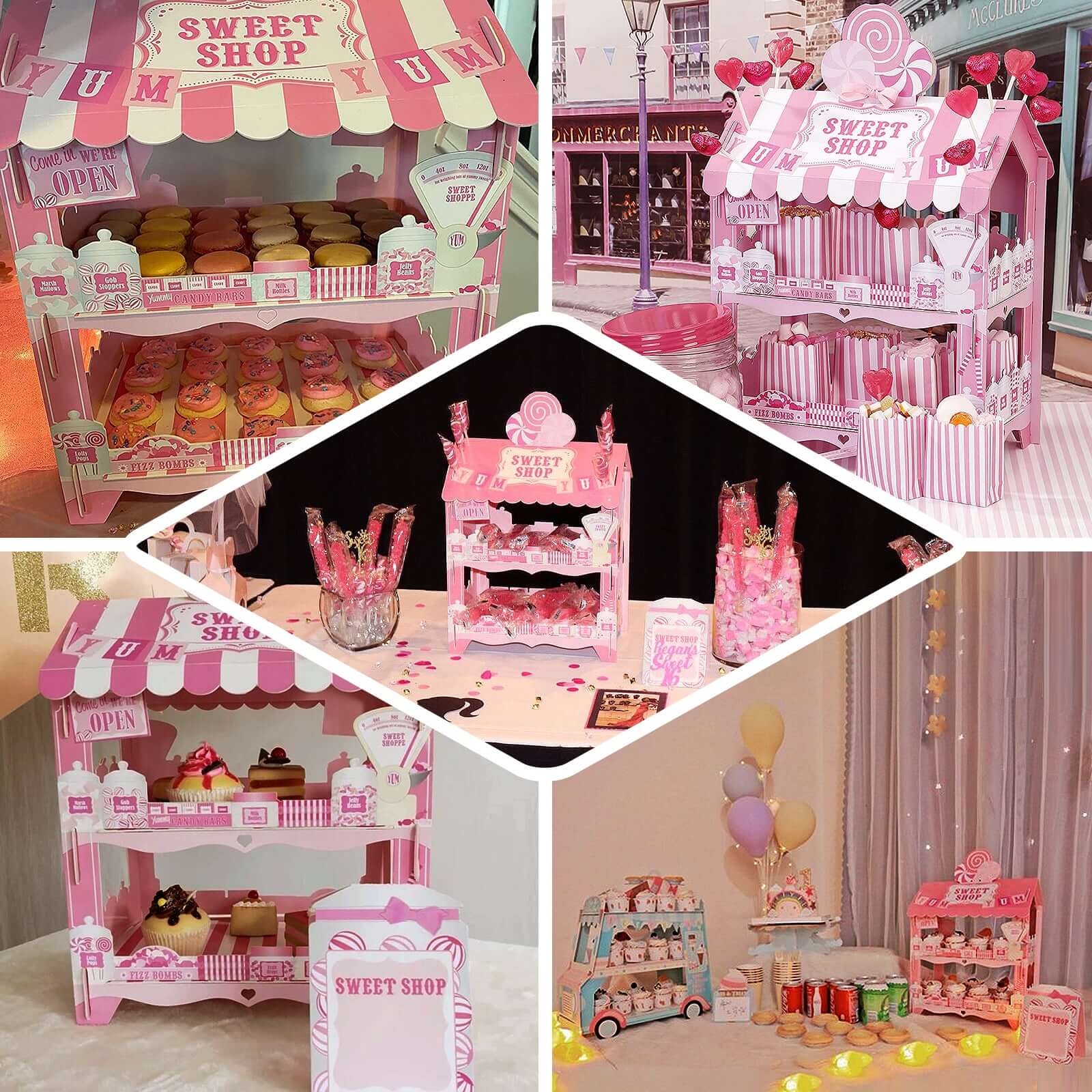 2-Tier Cardboard Cupcake Stand with White/Pink Sweet Shop Design - Colorful Candy Themed Dessert Cart Display for Pastries & Treats 18"
