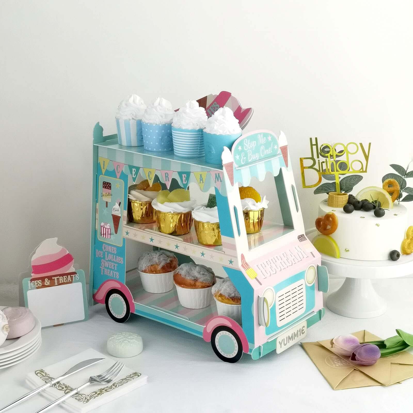 3-Tier Cardboard Cupcake Dessert Stand Tower with Ice Cream Truck Double Decker Design - Fun Disposable Treat Display for Kids' Parties & Snack Stations 16"