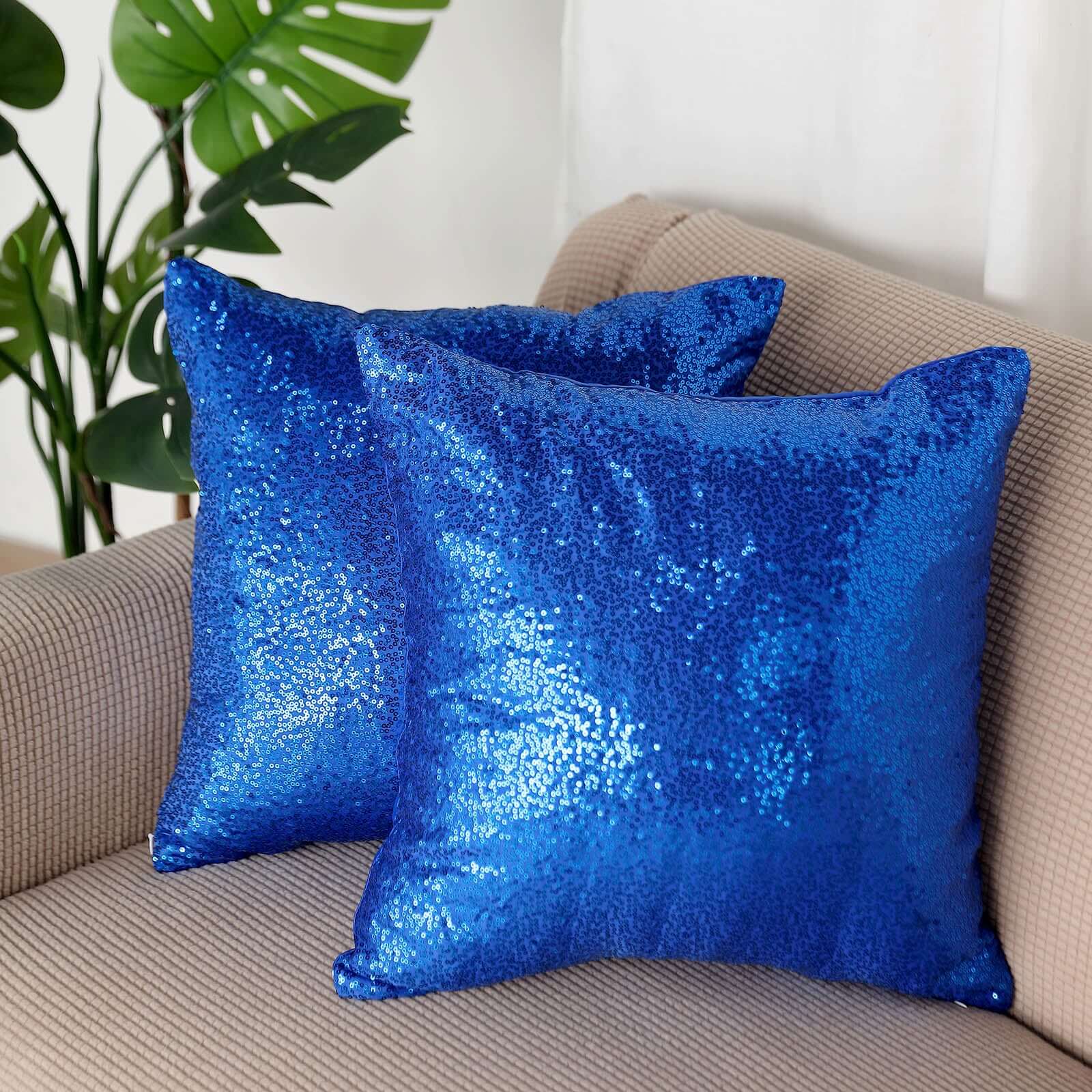 2 Pack 18"x18" Sequin Throw Pillow Cover, Decorative Cushion Case - Square Royal Blue Sequin