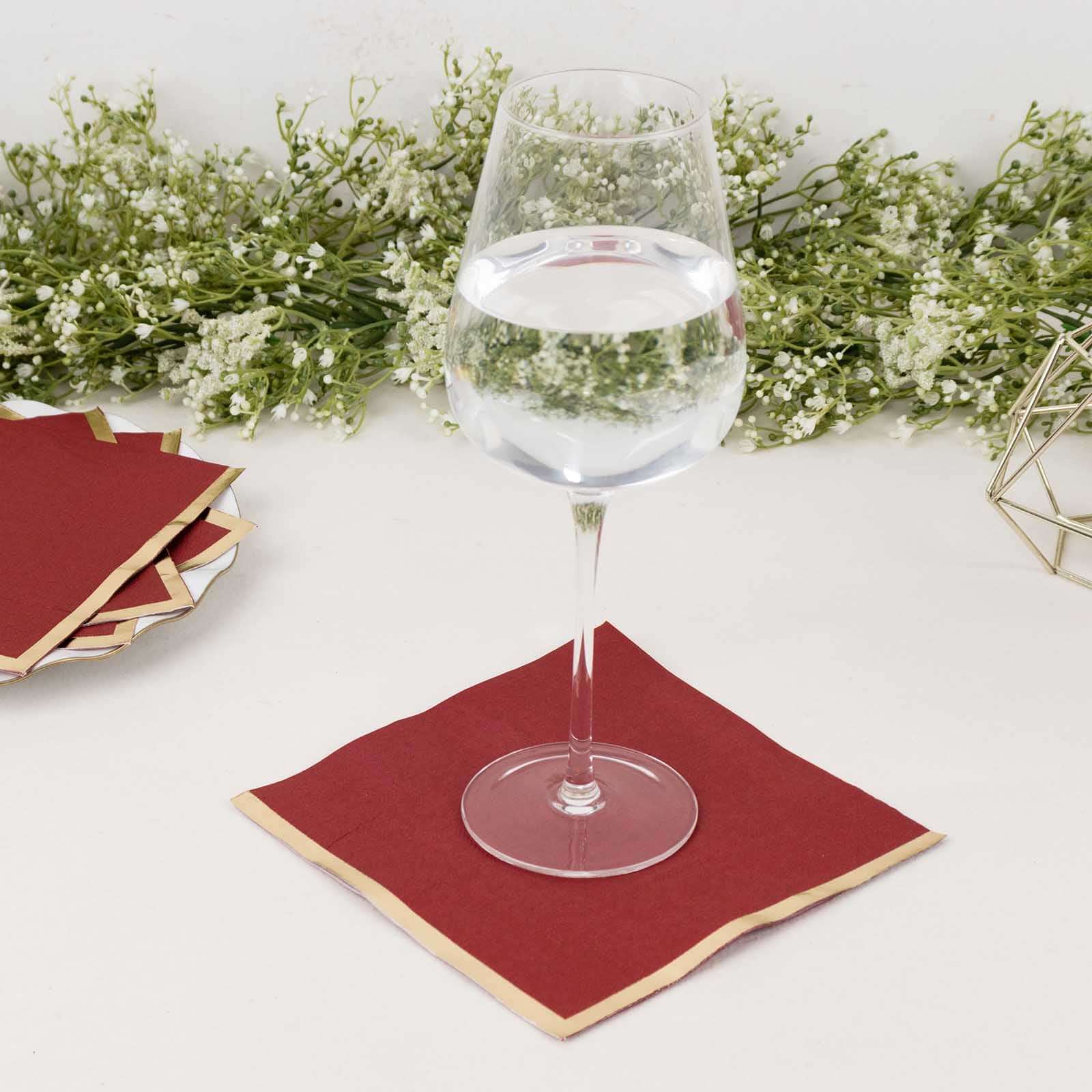50-Pack Paper Beverage Napkins with Gold Foil Edge Burgundy - Disposable 2 Ply Cocktail Napkins for Events 6.5"x6.5"