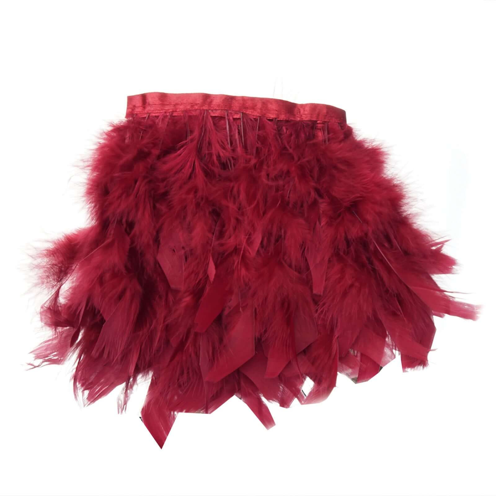 39" Burgundy Real Turkey Feather Fringe Trim With Satin Ribbon Tape