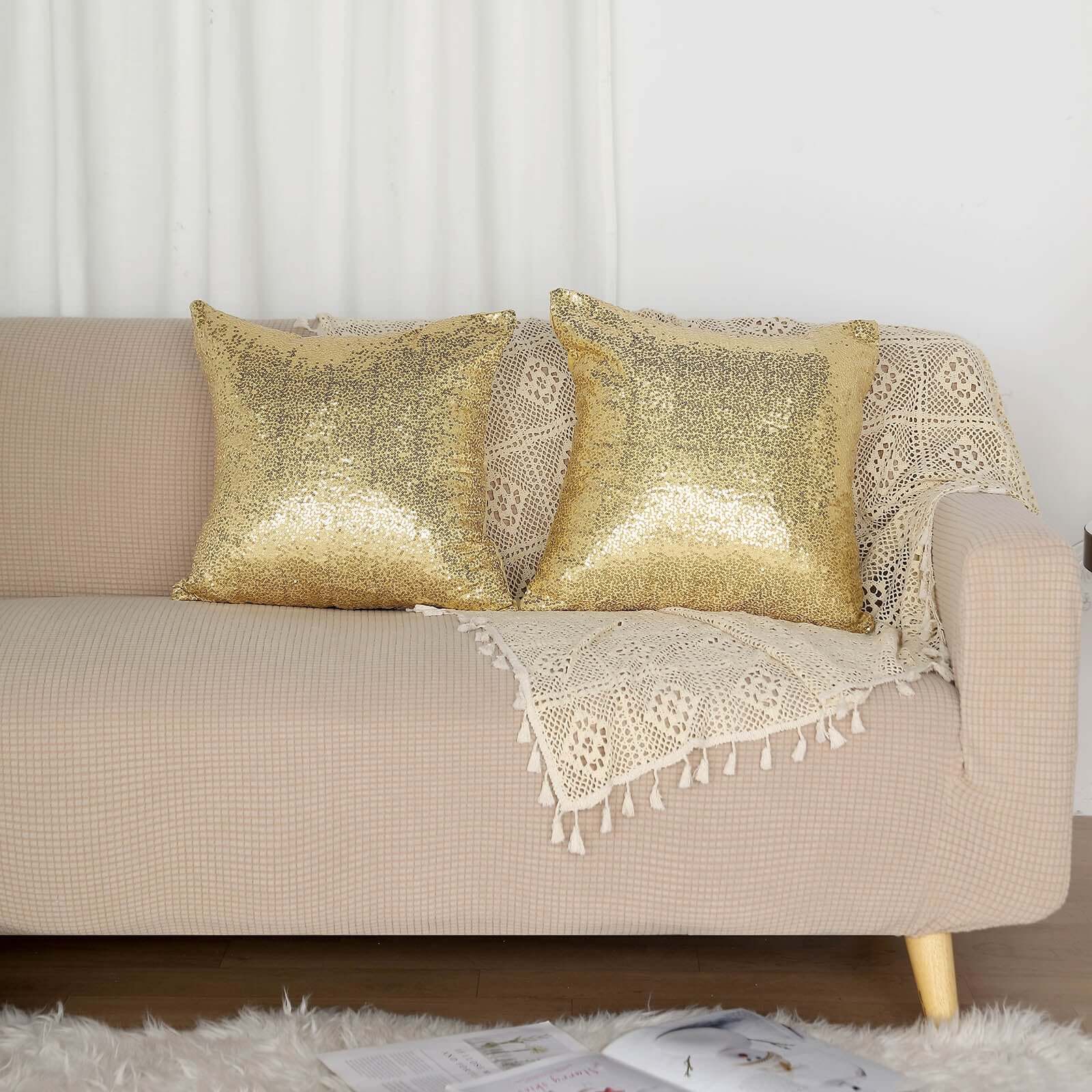 2 Pack 18"x18" Sequin Throw Pillow Cover, Decorative Cushion Case - Square Champagne Sequin
