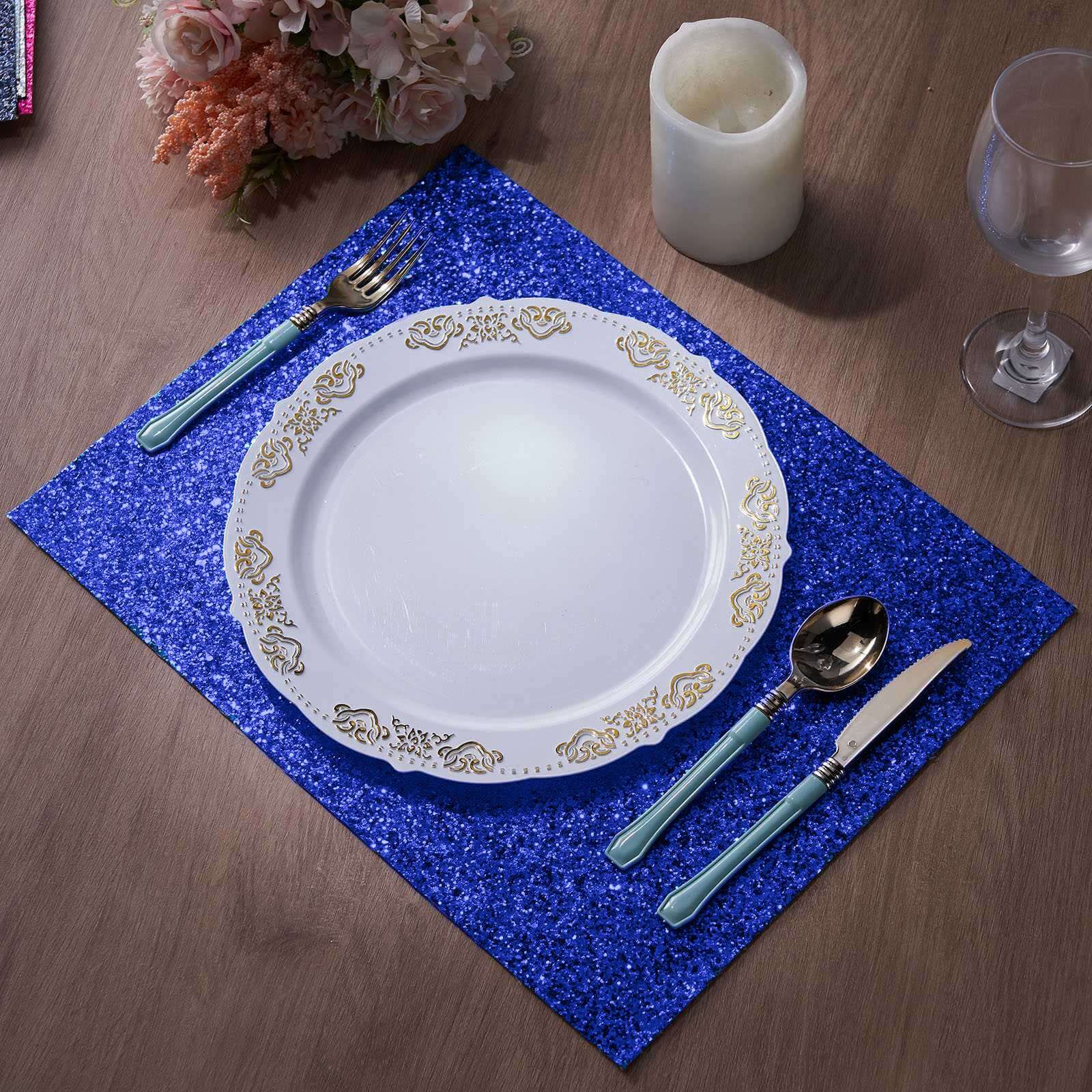 6-Pack Placemats Glitter Design Royal Blue Sparkle Rectangle - Non-Slip Decorative Dining Table Mats 12"x18"