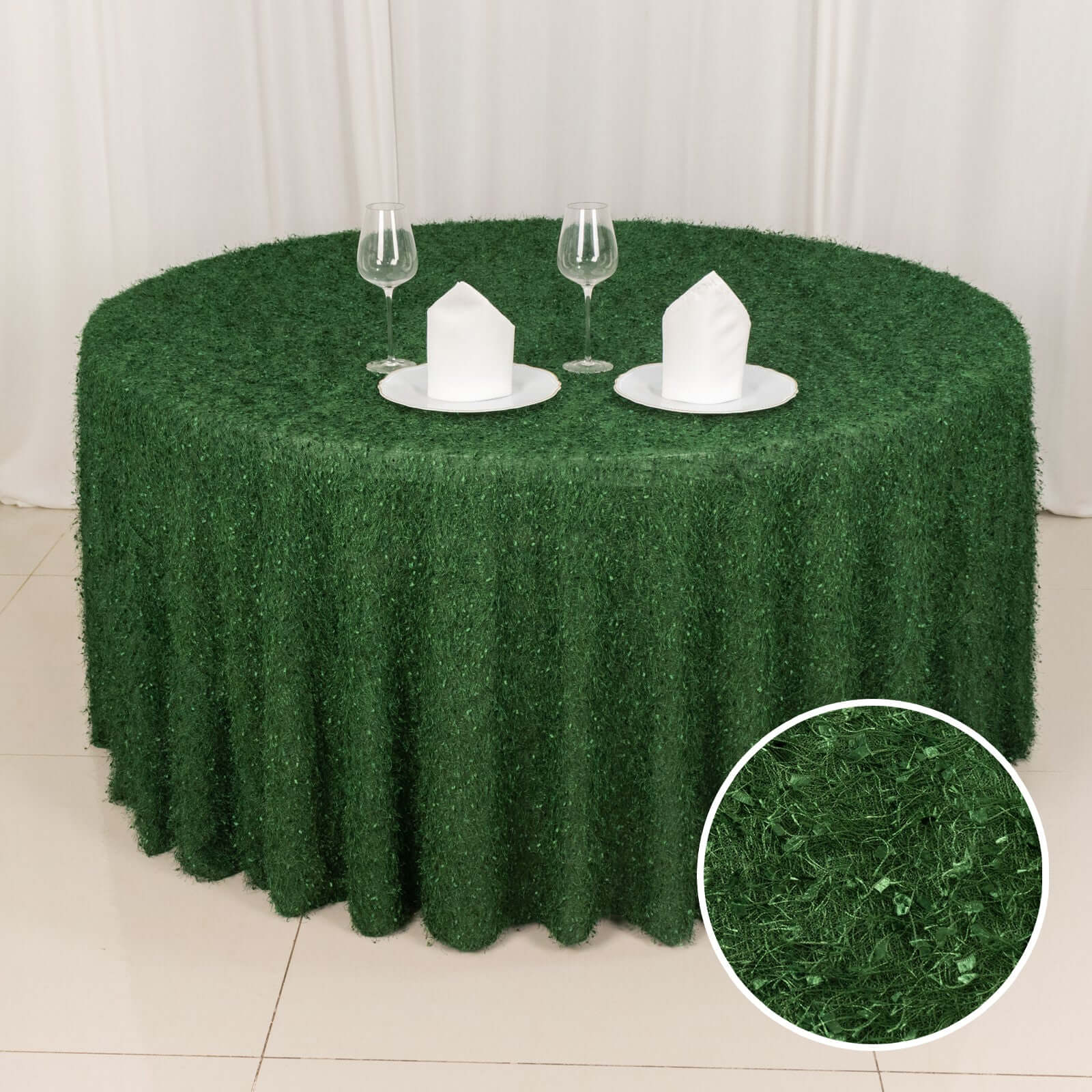 Polyester 120" Round Tablecloth Green with Shaggy Fringe Table Cover