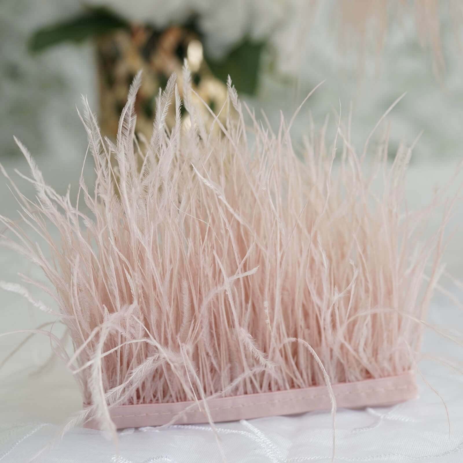 39" Dusty Rose Real Ostrich Feather Fringe Trim With Satin Ribbon Tape