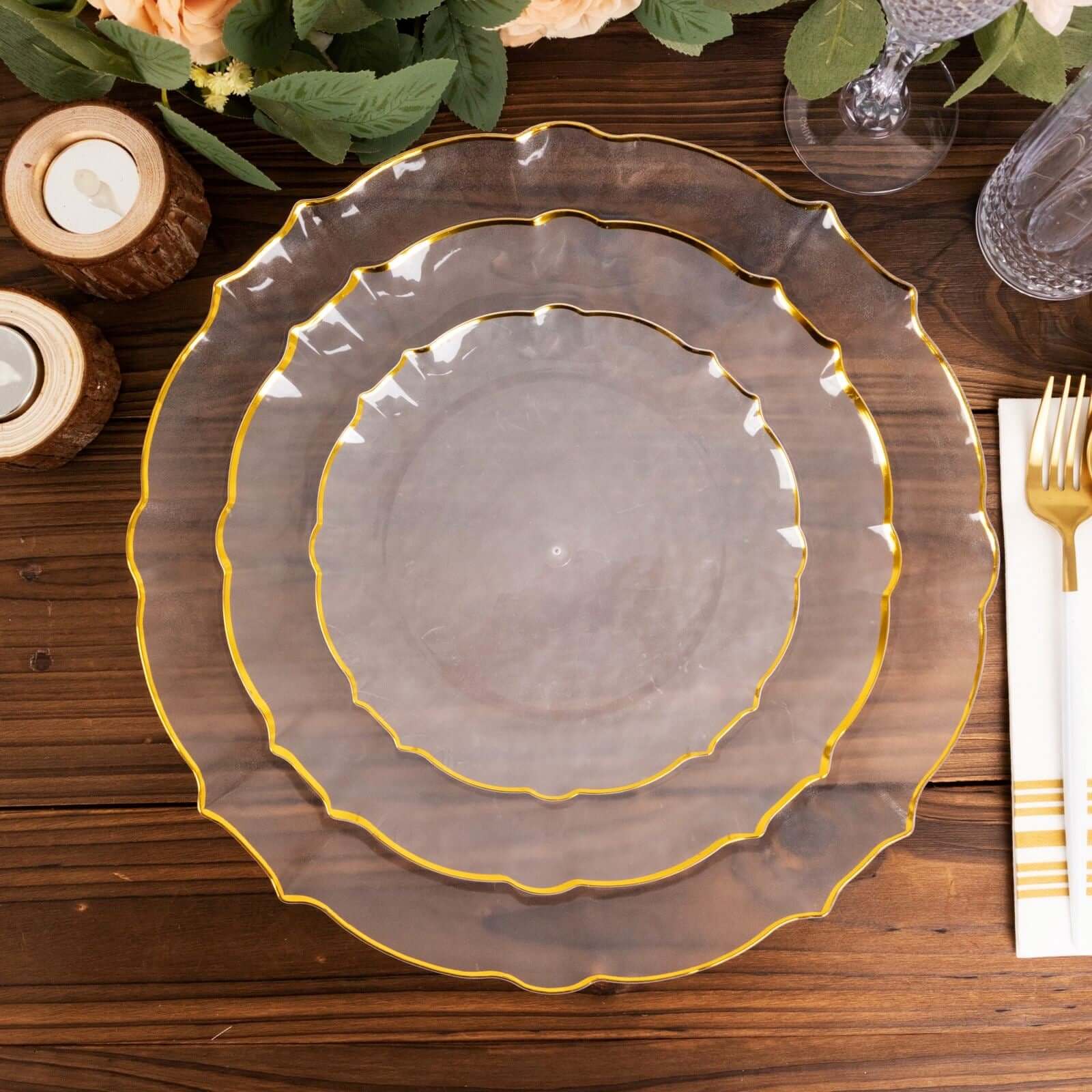 10-Pack Plastic 7" Round Dessert Appetizer Plates in Clear Sunflower with Gold Scalloped Rim - Disposable Salad Plates for Classy Events & Banquets