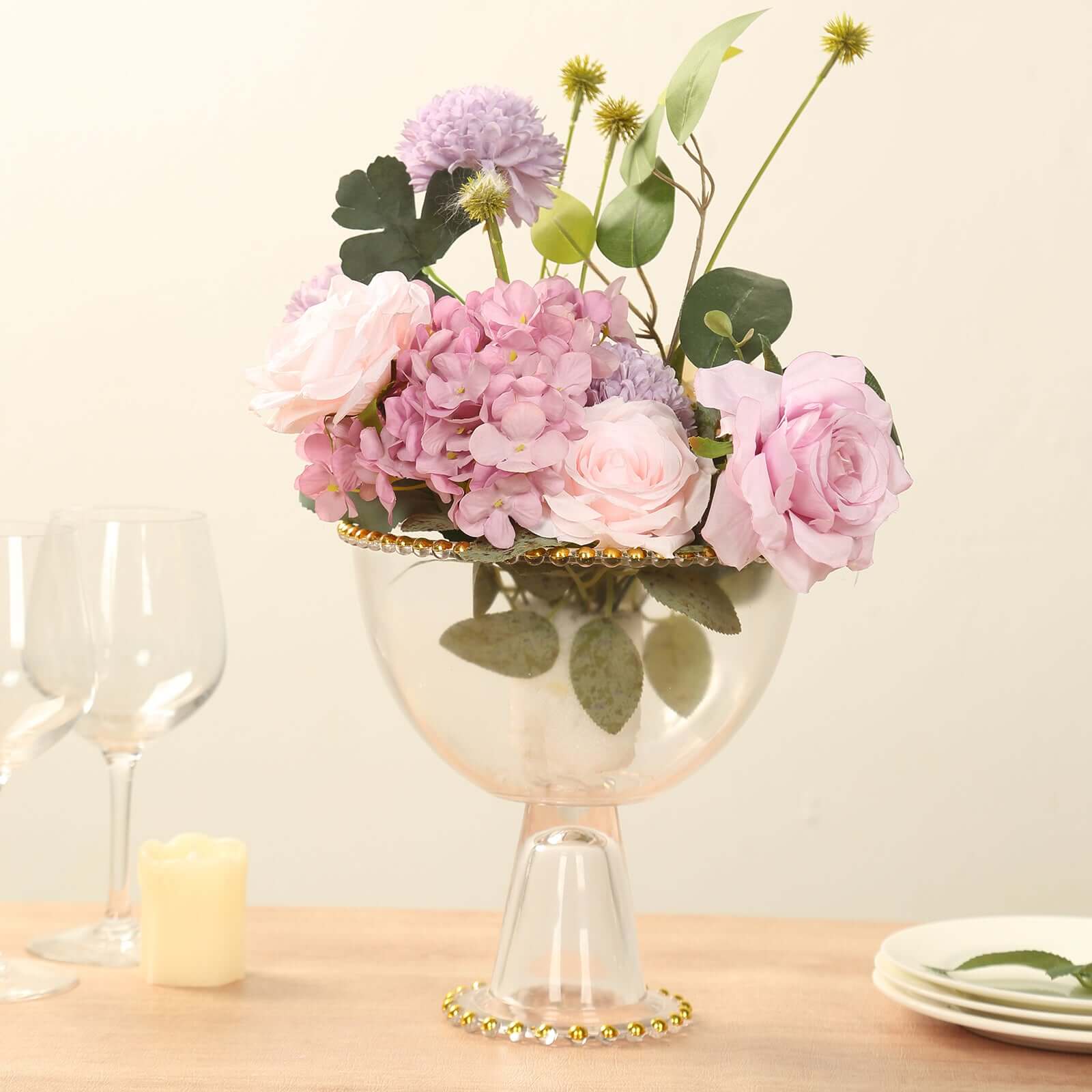 Compote Pedestal Bowl Glass Flower Vase Clear with Gold Beaded Rim - Footed Candy Trifle Bowl for Displays 8"