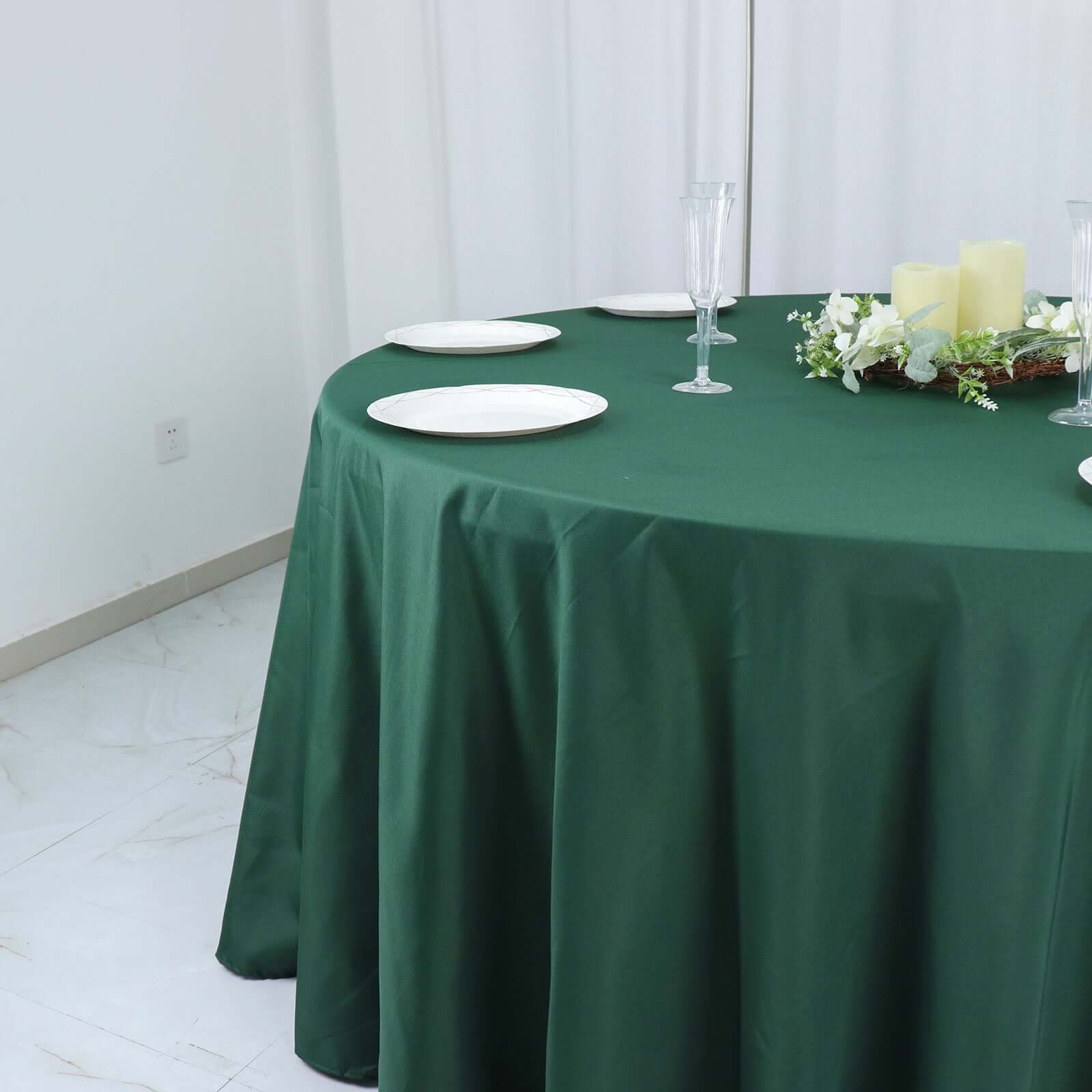 Polyester 132" Round Tablecloth Hunter Emerald Green - Seamless Chic Table Cover