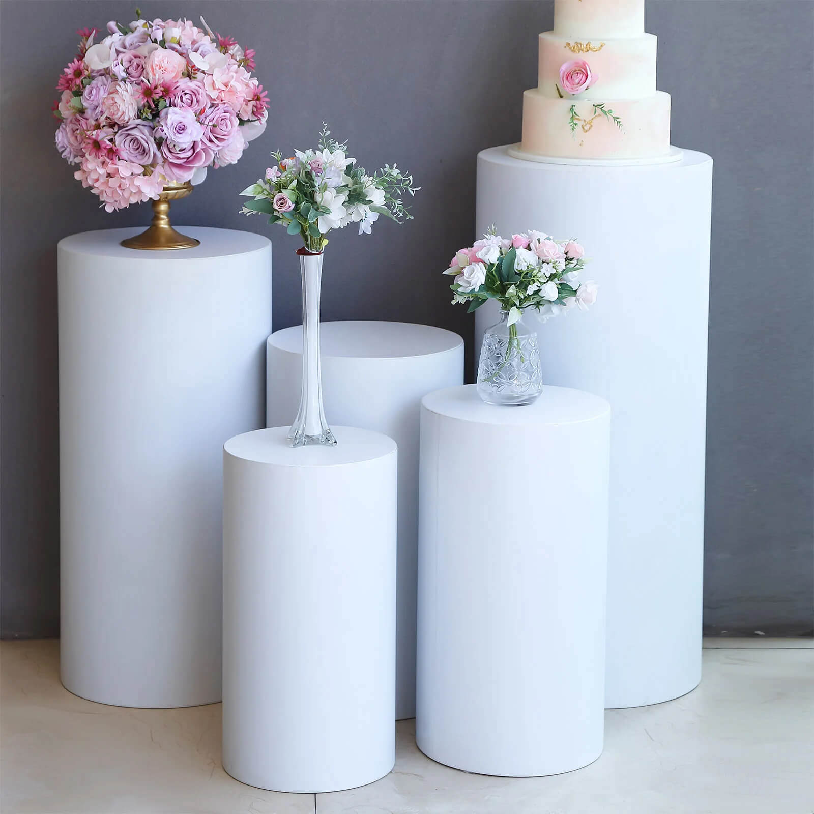Set of 5 White Metal Cylinder Pillar Prop Stands For Wedding Aisle, Round Plinth Pedestal Display Boxes - 20", 22", 24", 30", 34"