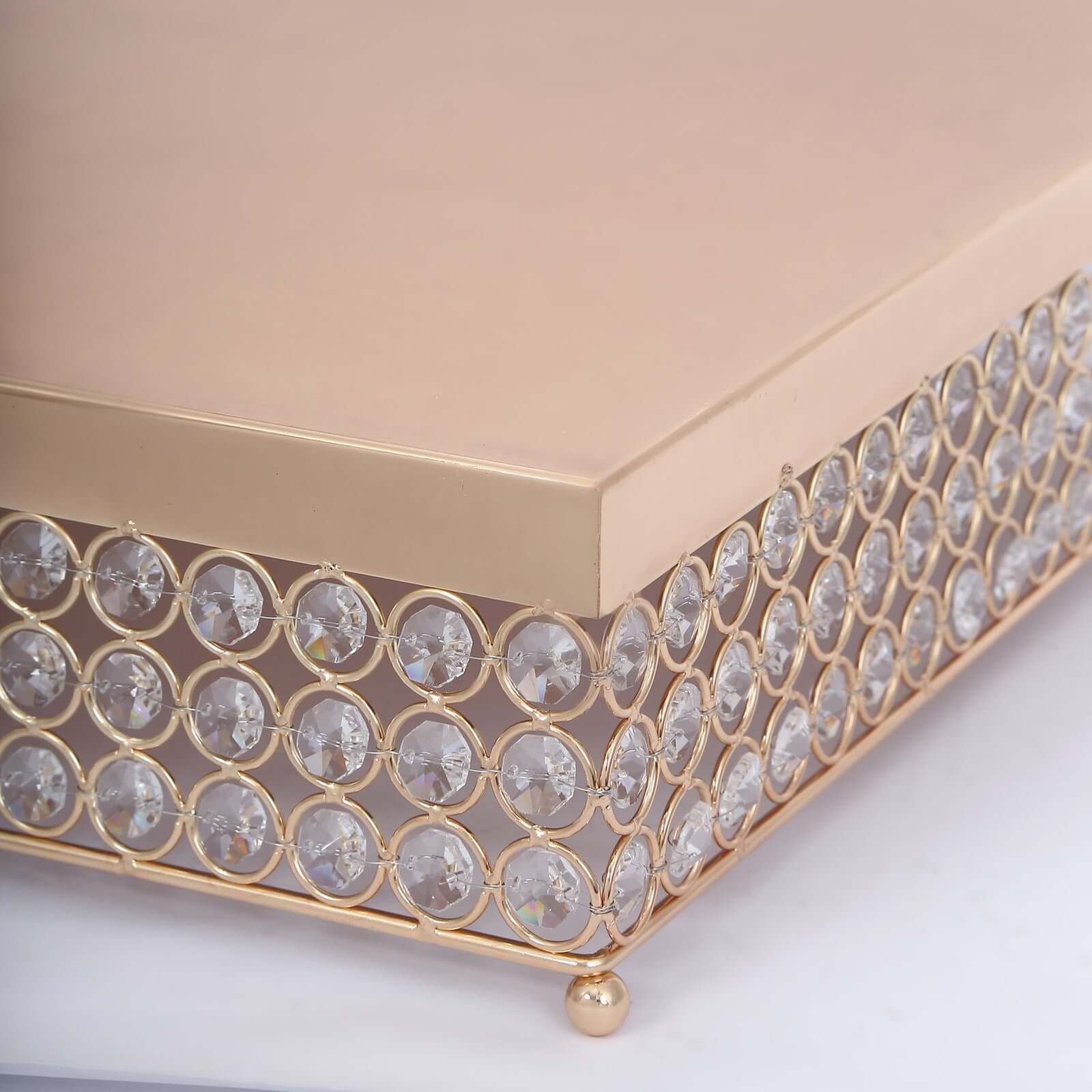 Metal Cake Stand Square Design with Crystal Beads Gold - Dessert Pedestal for Events 16"