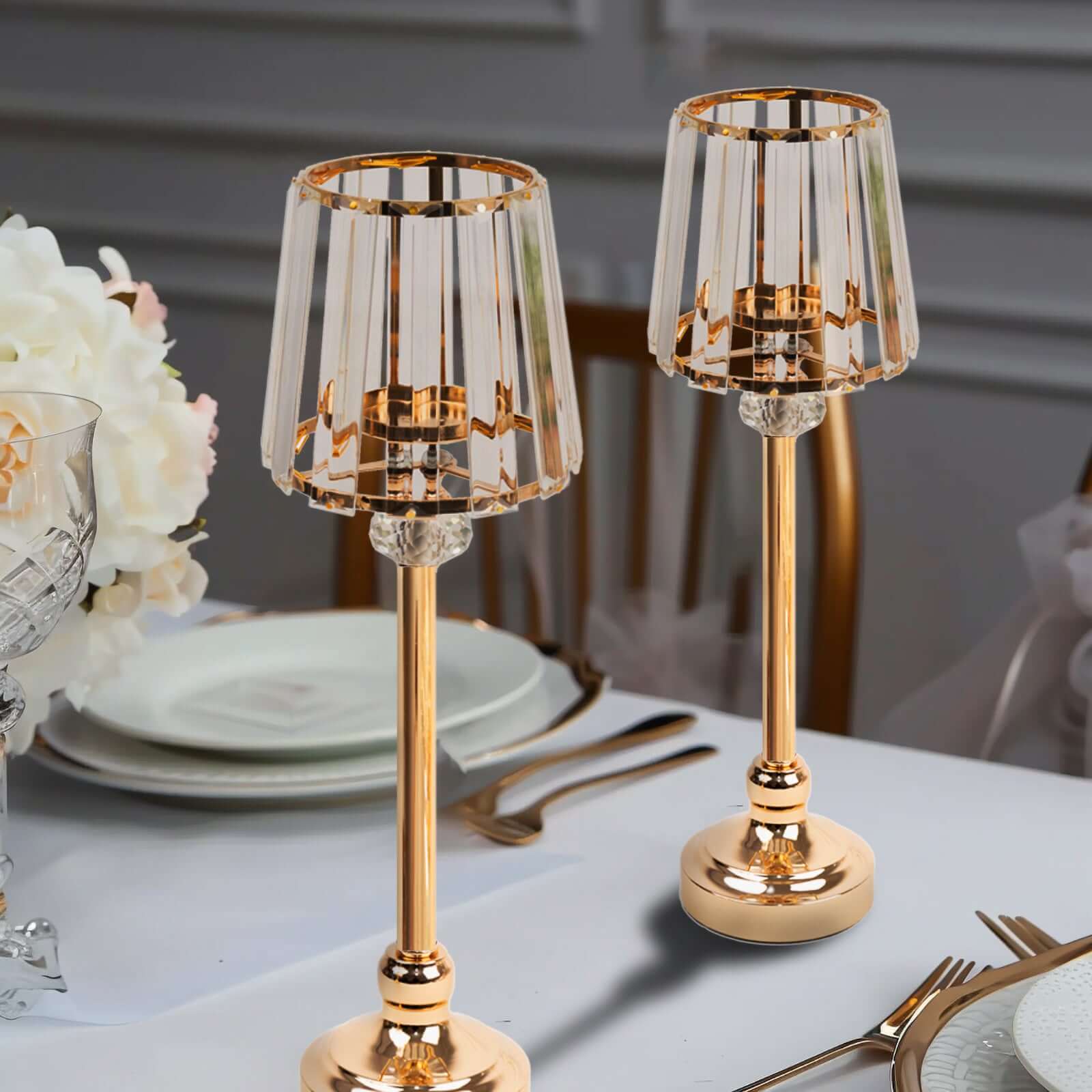 2-Pack 15" Crystal Pendant Candle Holders - Classic Empire Lamp Shade Style in Gold, Votive Candle Stand For Table Centerpieces