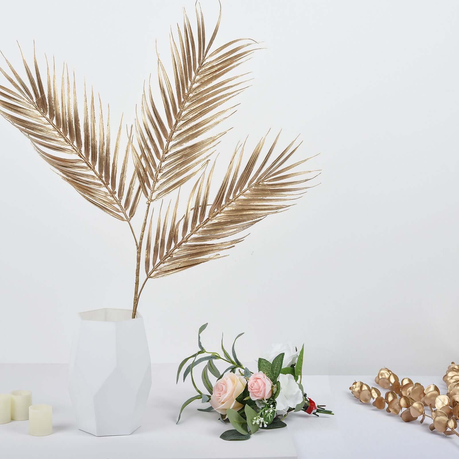 2 Stems Artificial Palm Leaf Branch Metallic Gold - Tropical Faux Stems Vase Filler Floral Backdrop Table Decor 32"