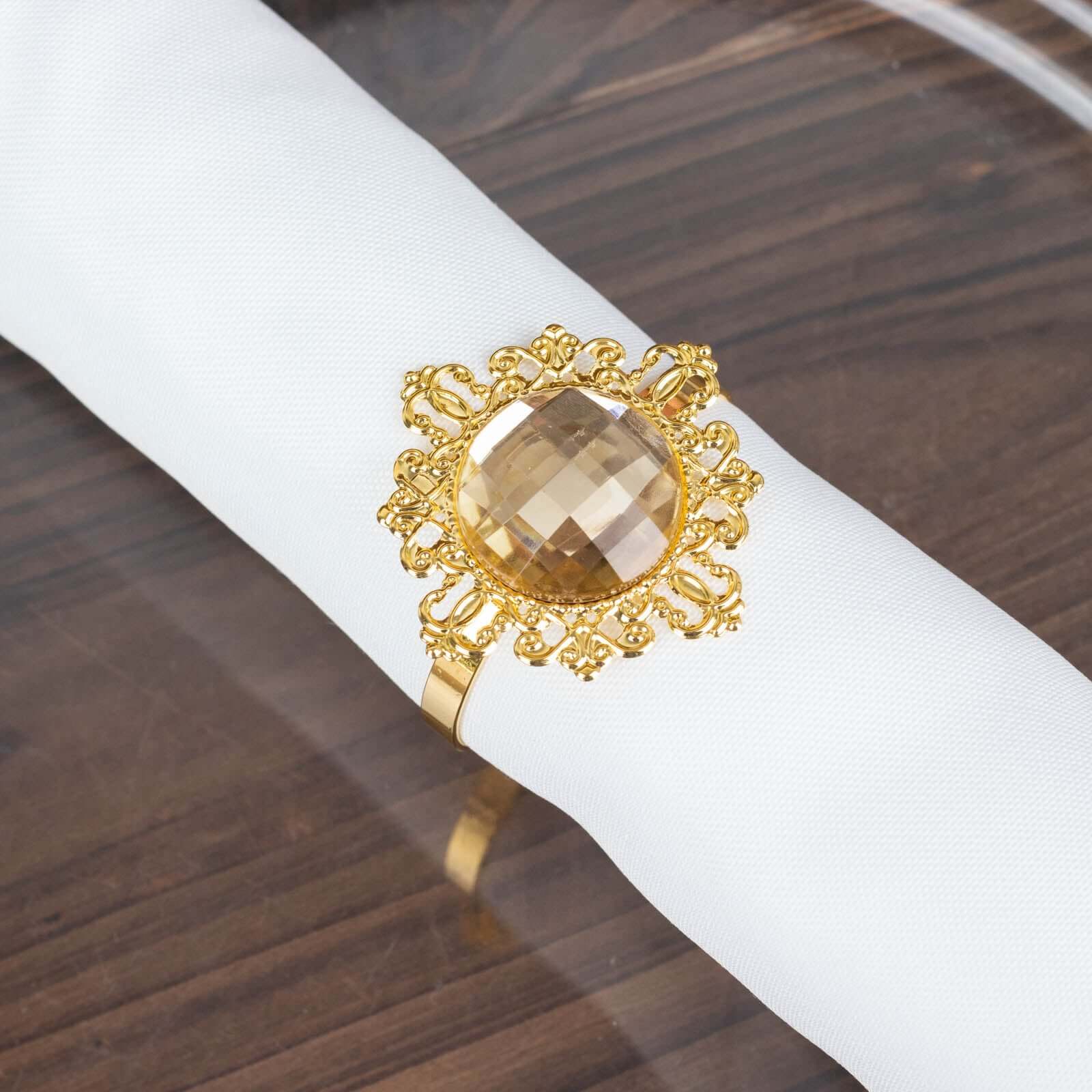 6 Pack 2" Gold Metal Crystal Rhinestone Napkin Rings, Diamond Bling Napkin Holders