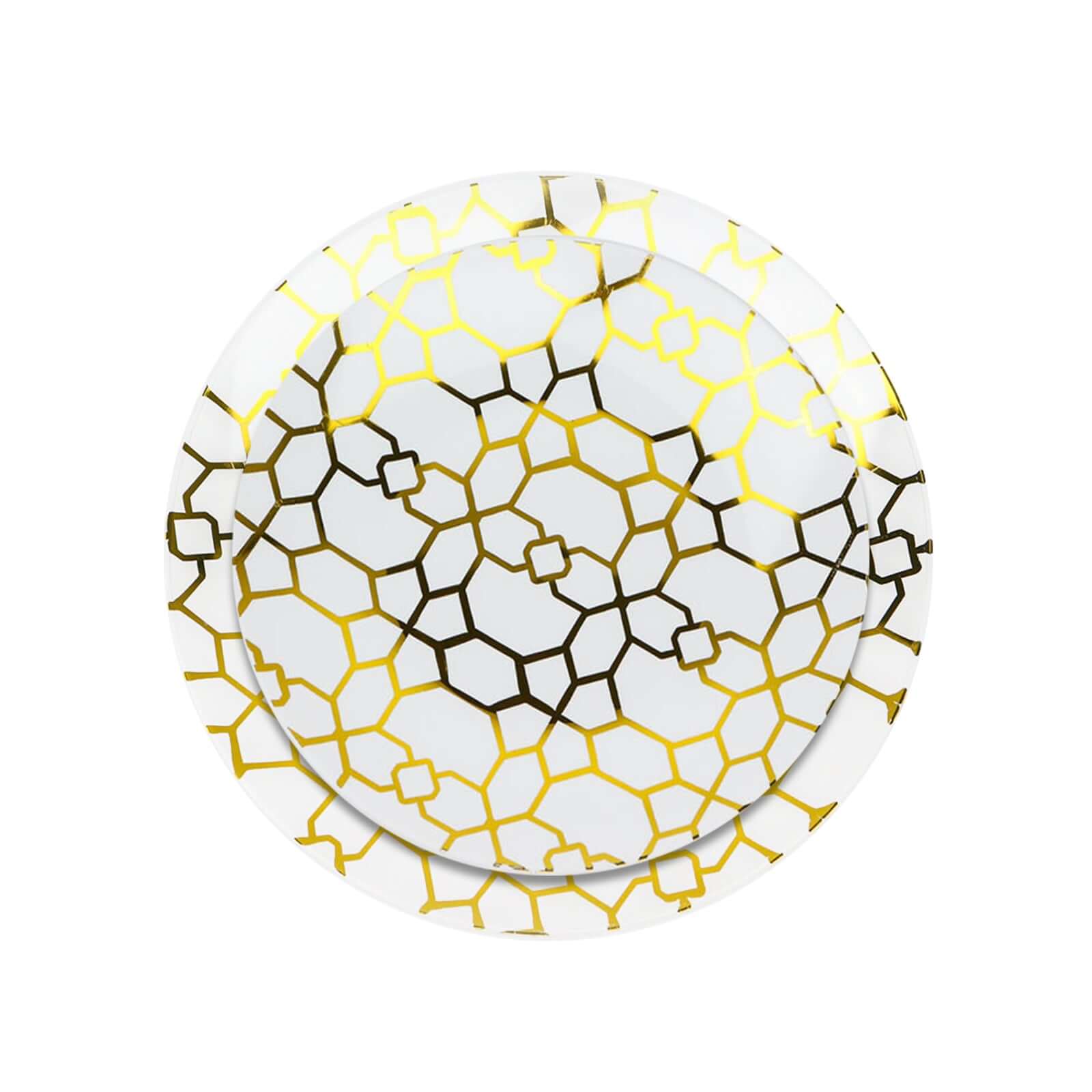 20-Pack Set Plastic Round Dinner and Salad Plates in White & Clear with Geometric Gold Print - Modern Disposable Dinnerware Set for Weddings & Celebrations 9", 7"