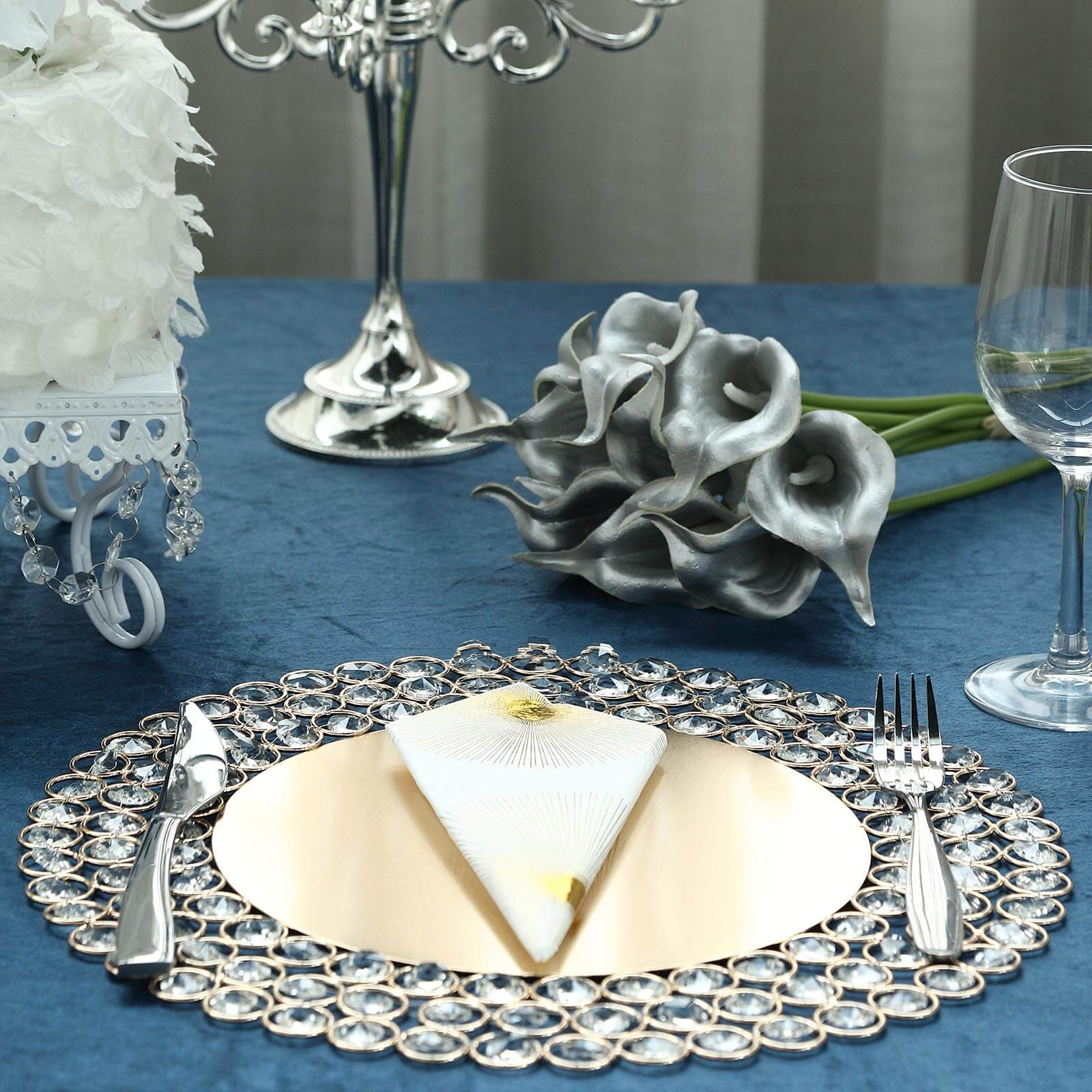 Wired Metal Round Charger Plate 14" in Gold with Acrylic Crystal Beads, Glamorous Decorative Dinner Charger Tableware