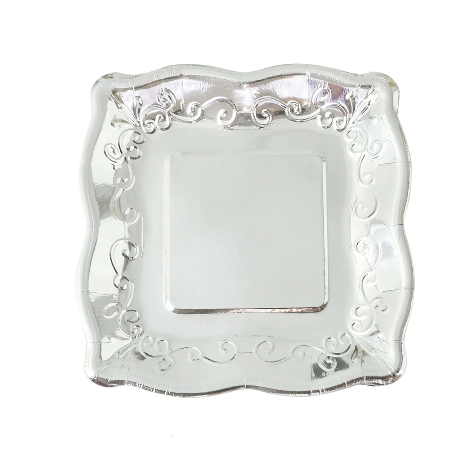 25-Pack Paper 7" Square Dessert Plates in Silver with Vintage Pottery Embossed Design - Shiny Metallic Disposable Appetizer Plates