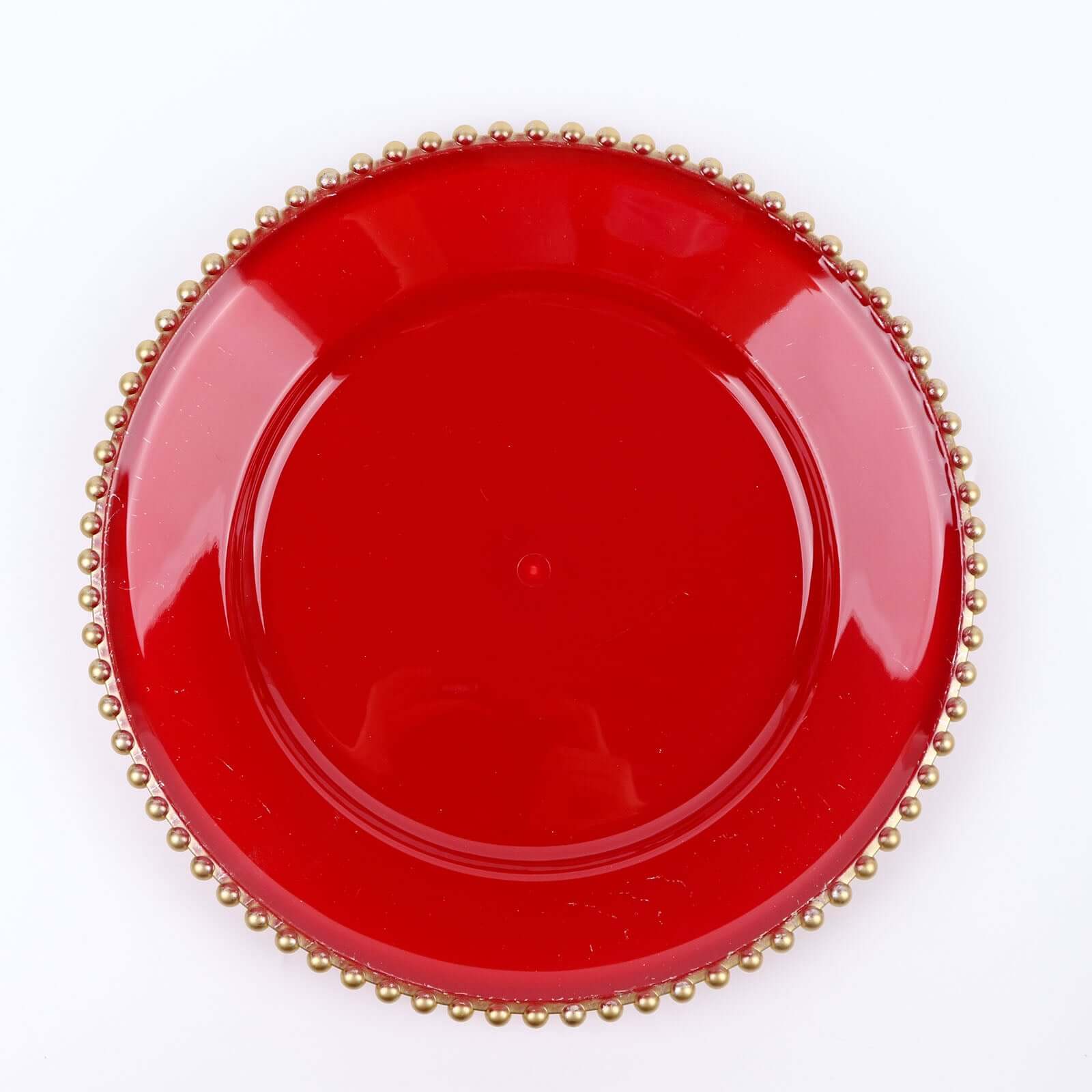6-Pack Acrylic Round Charger Plates 13" in Red with Gold Beaded Rim, Decorative Dinner Party Charger Tableware