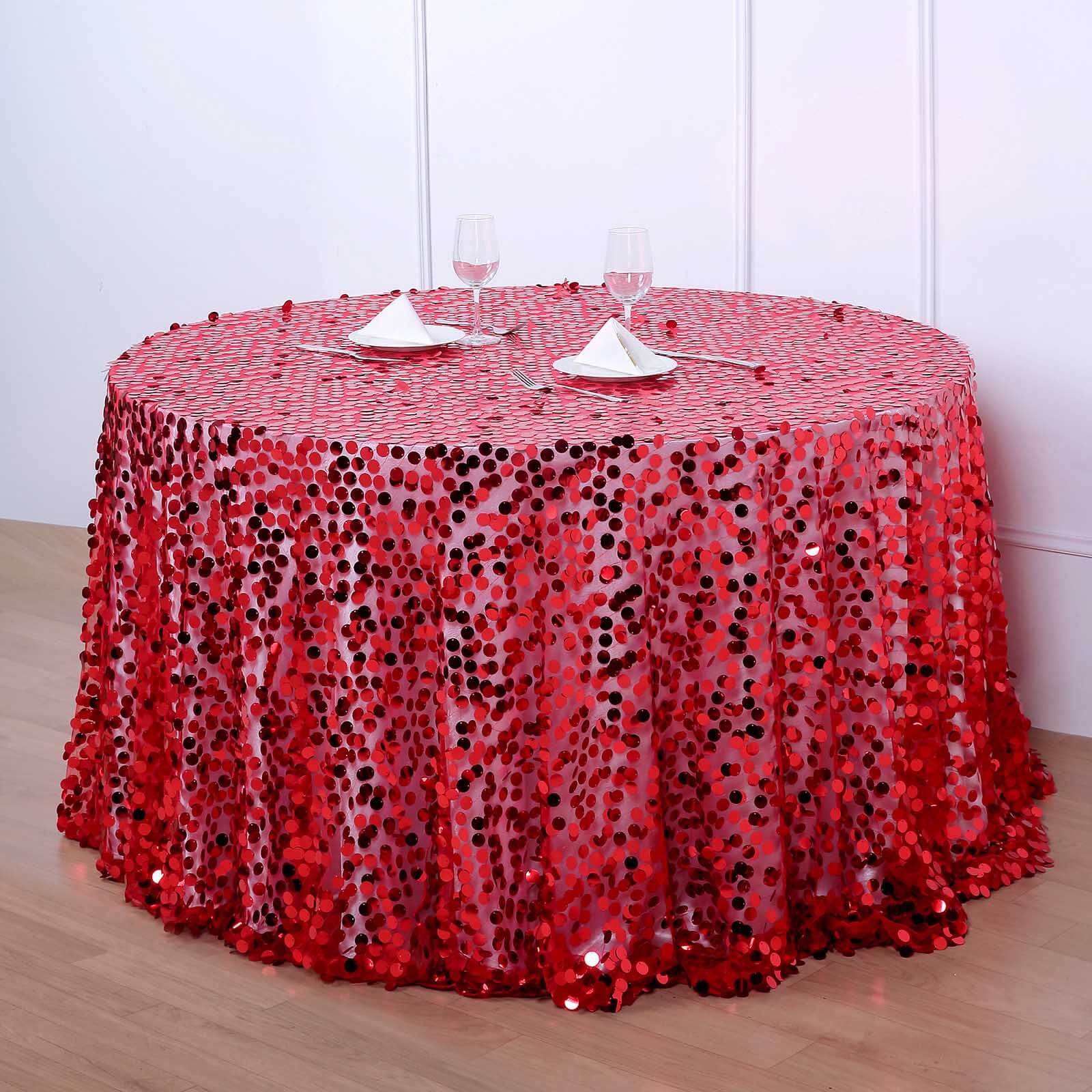 Sequin 120" Round Tablecloth Red - Seamless Big Payette Design Table Cover