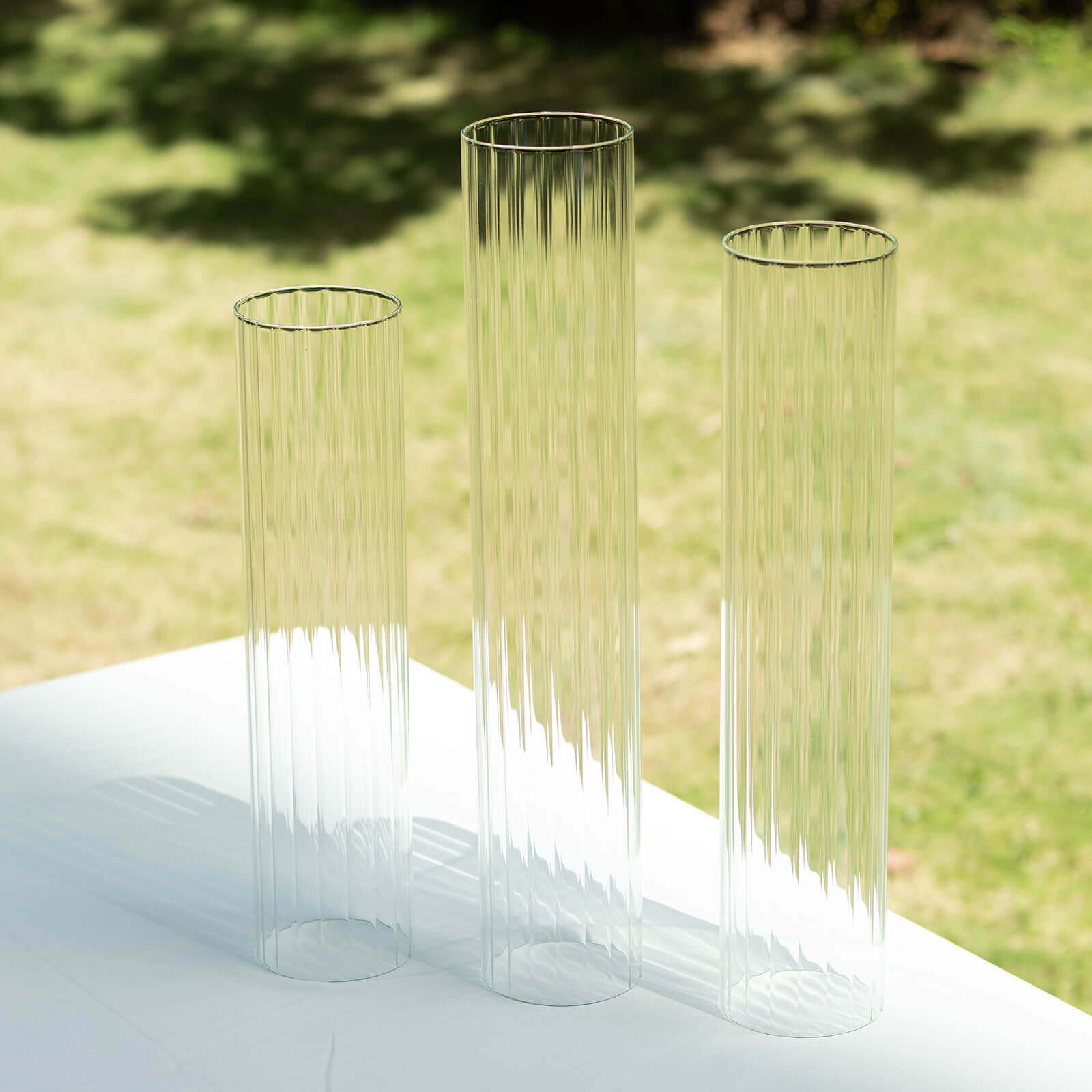 Set of 3 Clear Ribbed Glass Hurricane Shades Open End Design - Stylish Candelabra Pillar Candle Holder Table Centerpiece 15", 17", 19"