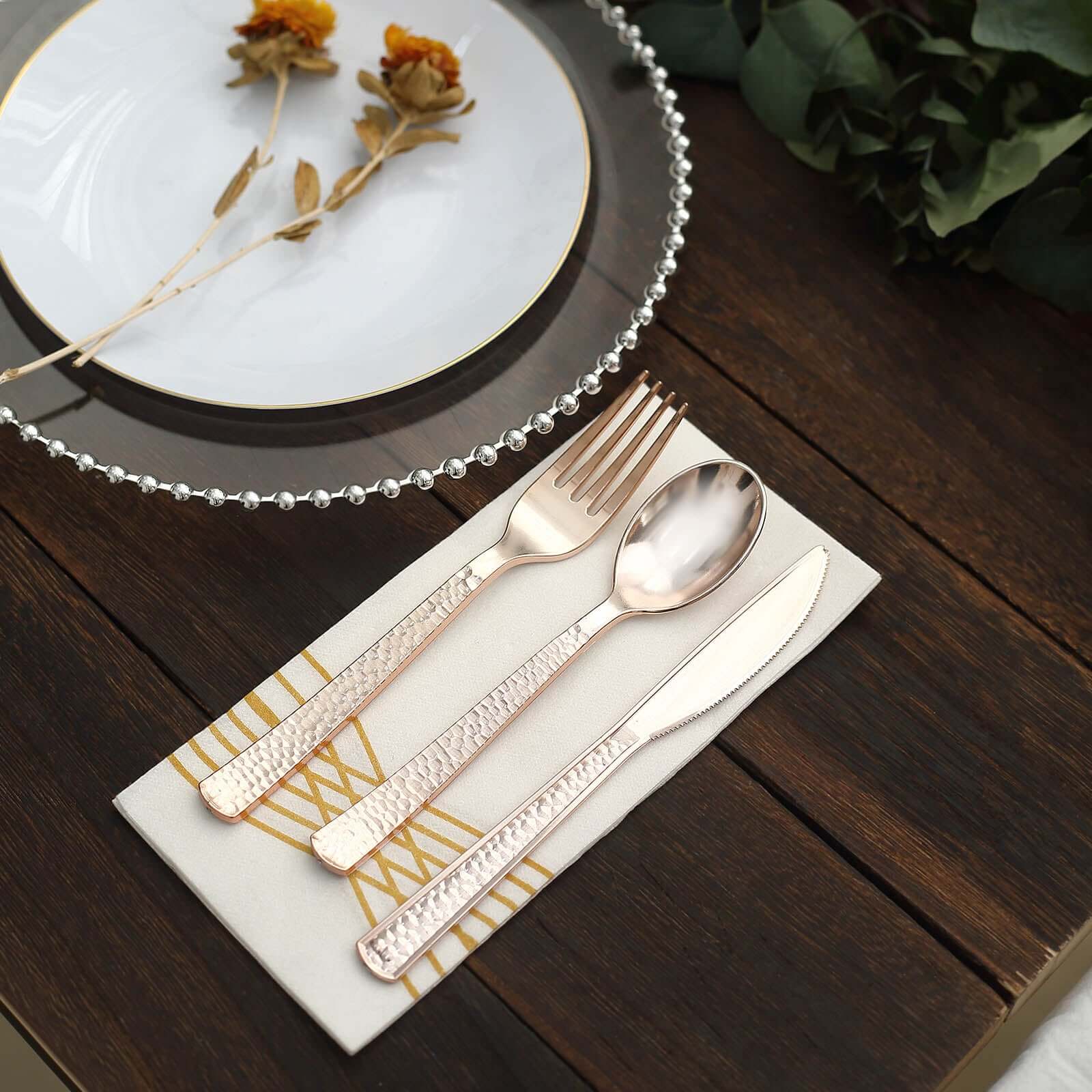24-Pack Plastic Silverware Set with Hammered Design Rose Gold - Heavy Duty Disposable Utensils 7"
