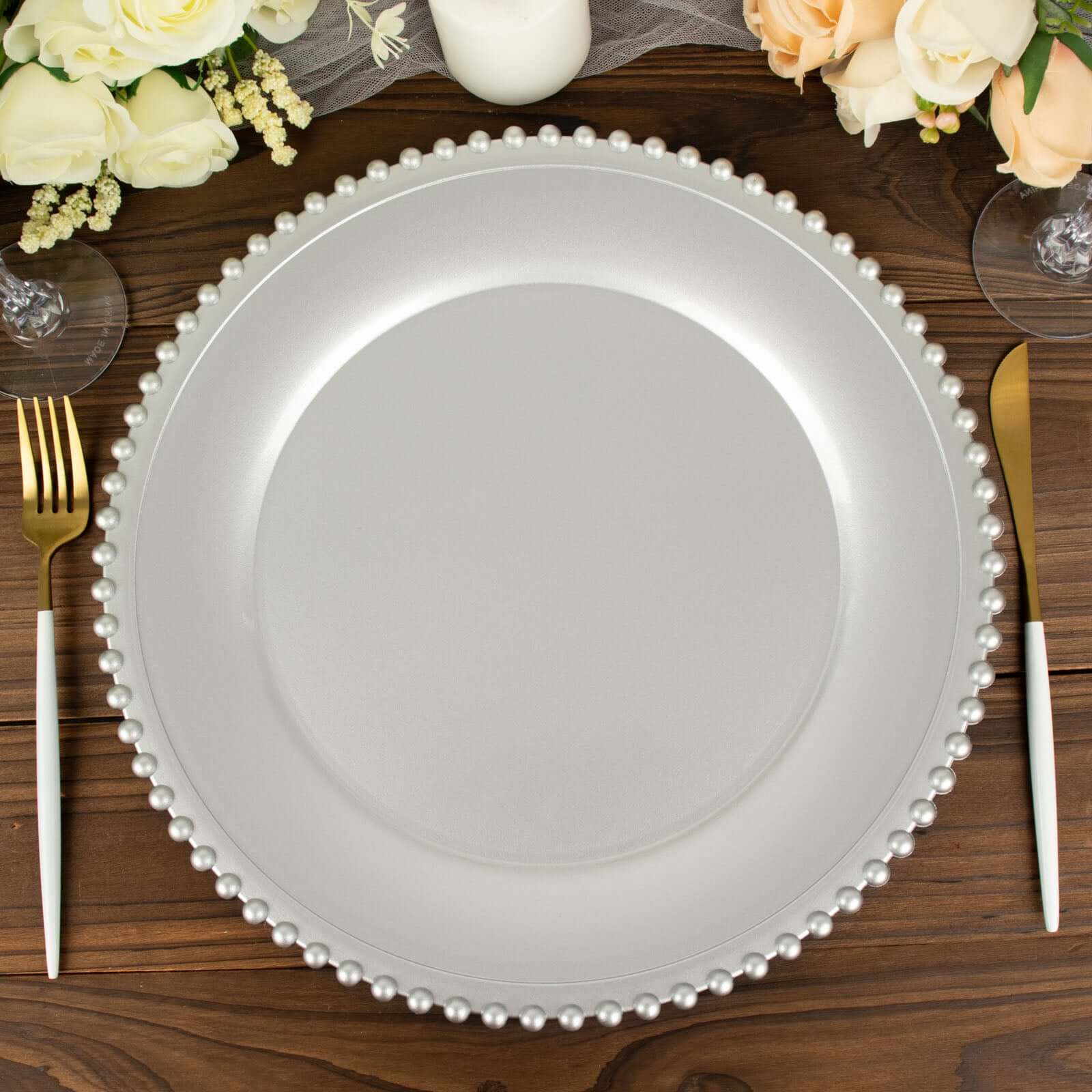 6-Pack Acrylic Round Charger Plates 13" in Silver with Beaded Rim, Decorative Dinner Party Charger Tableware