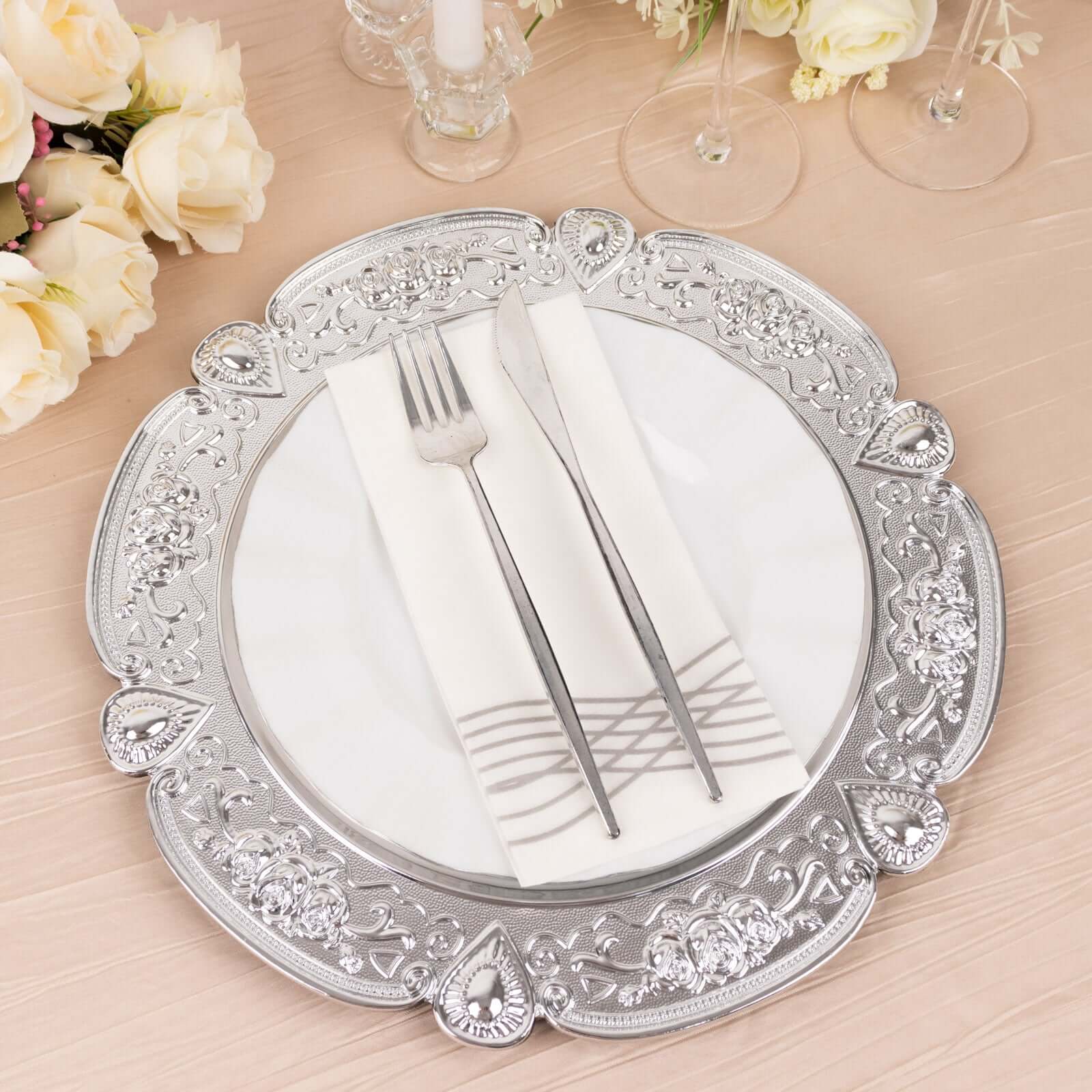 6-Pack Acrylic Round Charger Plates 13" in Silver Floral Embossed with Scalloped Rim, Plastic Decorative Charger Tableware