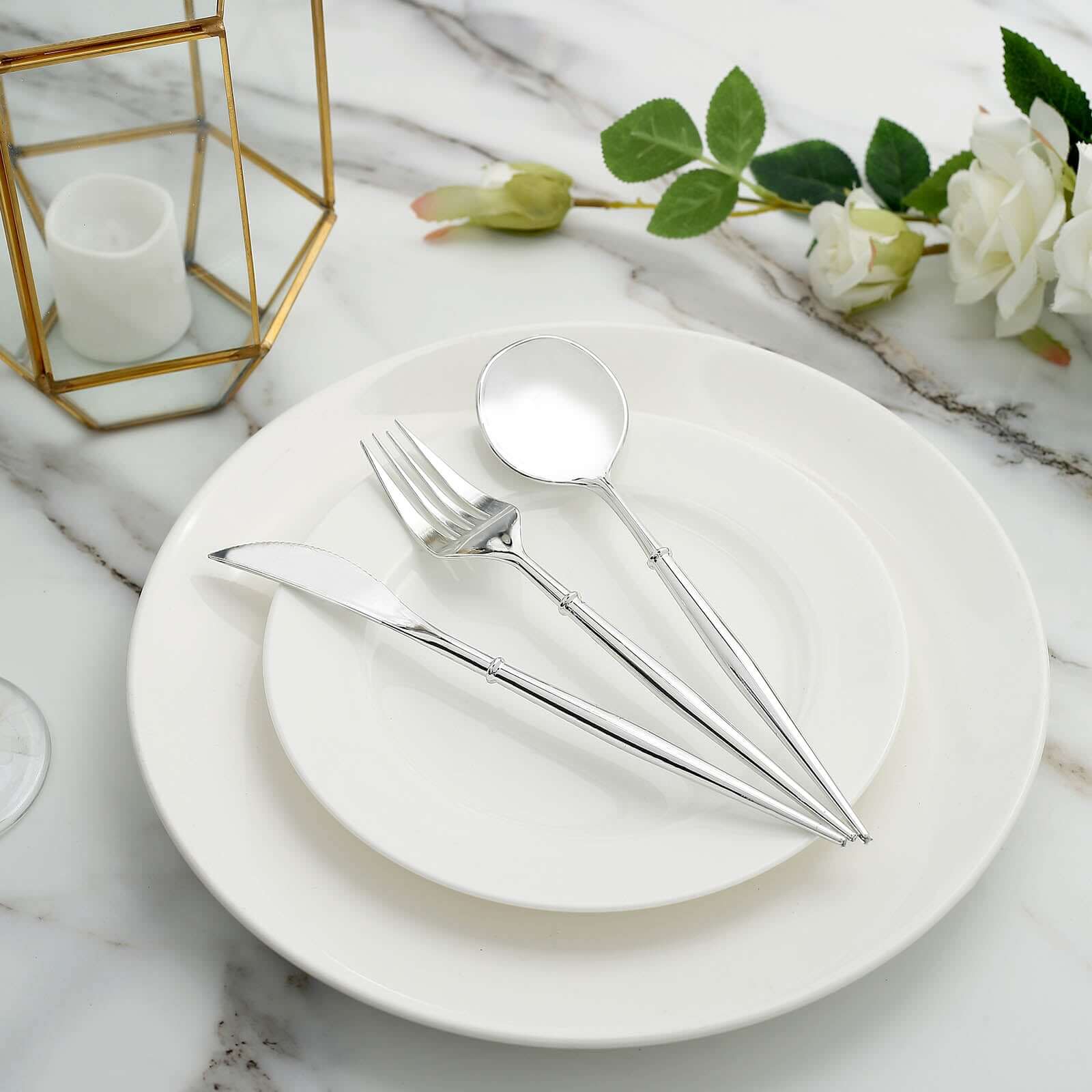 24-Pack Plastic Flatware Set in Silver - Heavy Duty Disposable Modern Silverware 8"