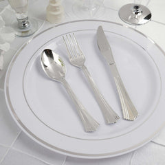 24-Pack Plastic Utensil Set Silver Heavy Duty with Fluted Handles - Durable Disposable Silverware 6", 7"