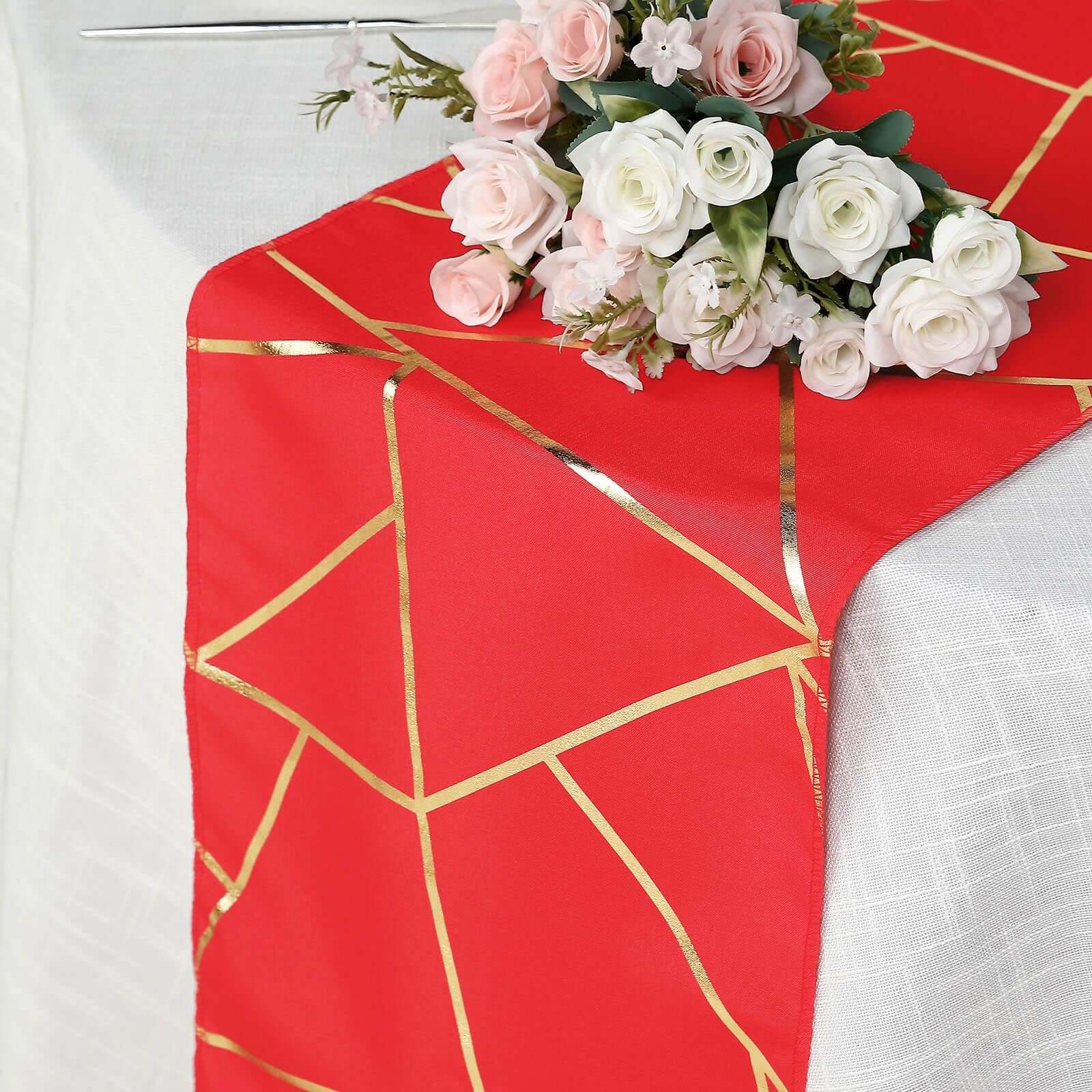 Polyester 9ft Table Runner Red with Gold Foil Modern Geometric Accent