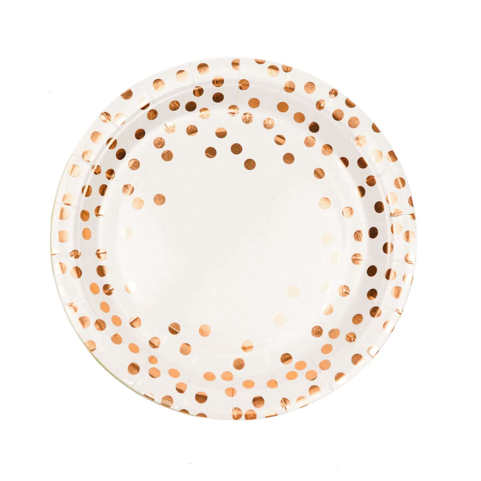 25 Pack 7" White Rose Gold Polka Dot Dessert Appetizer Paper Plates, Disposable Salad Party Plates - 300 GSM