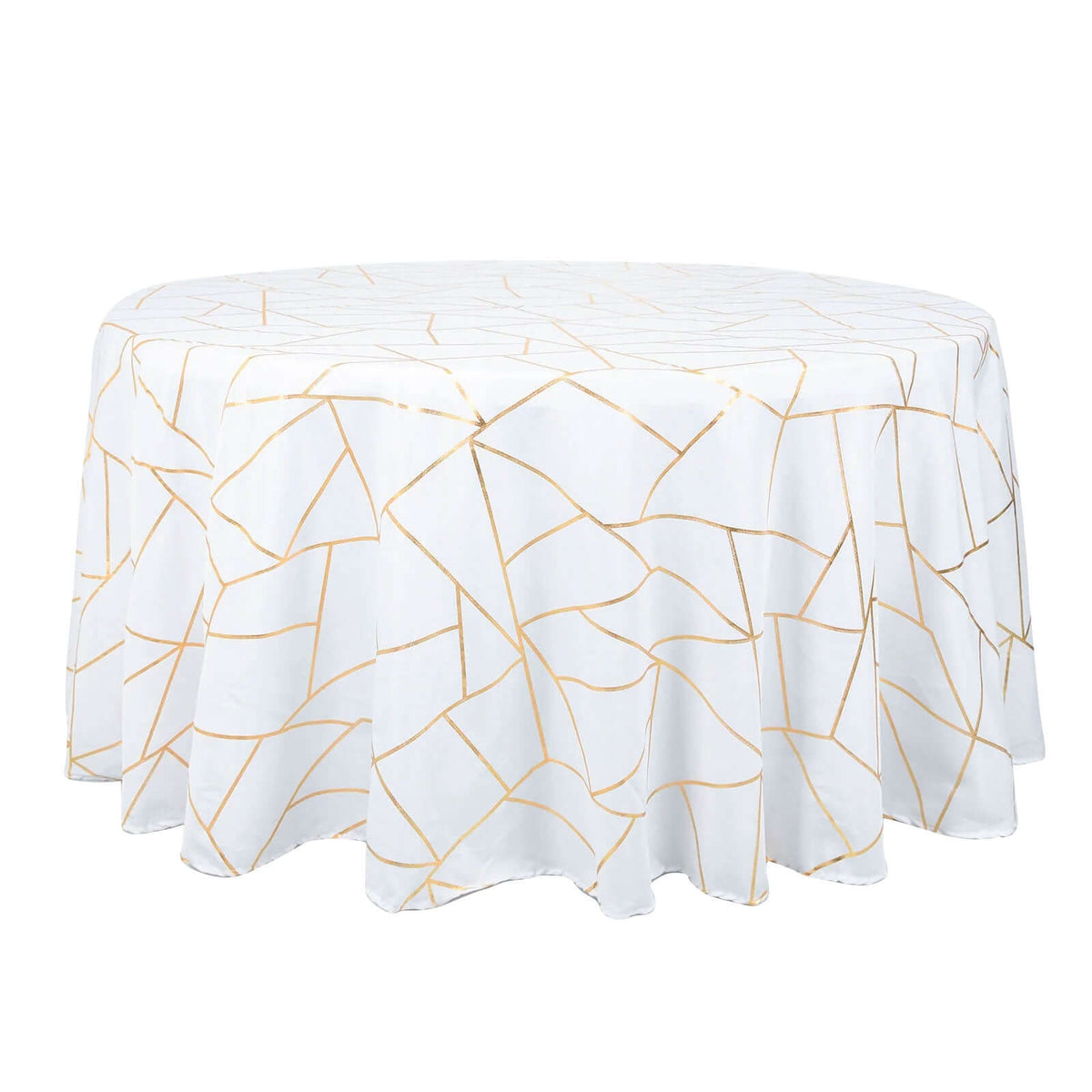 Polyester 120" Round Tablecloth White with Gold Foil Geometric Pattern Wrinkle-Resistant Modern Seamless Table Cover