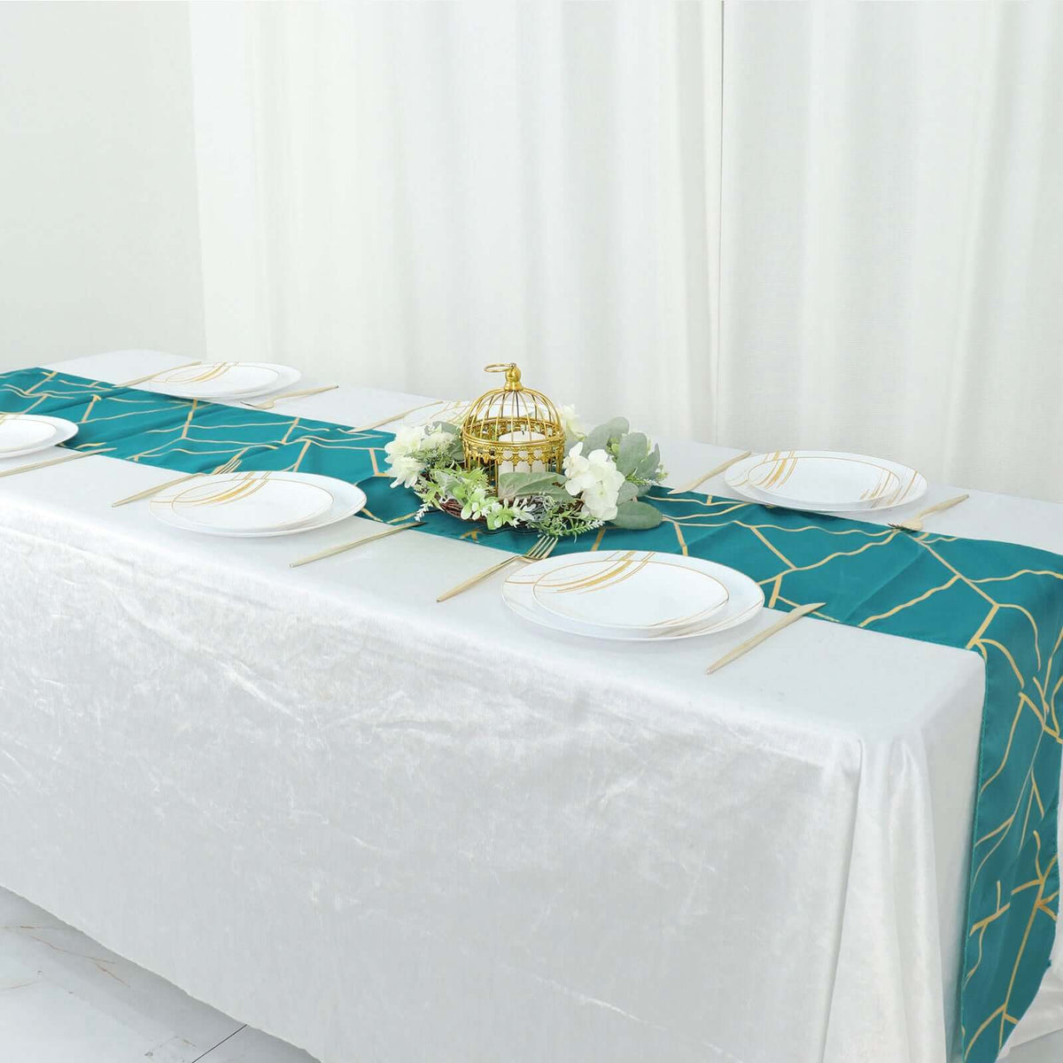 Polyester 9ft Table Runner Teal with Gold Foil Modern Geometric Accent