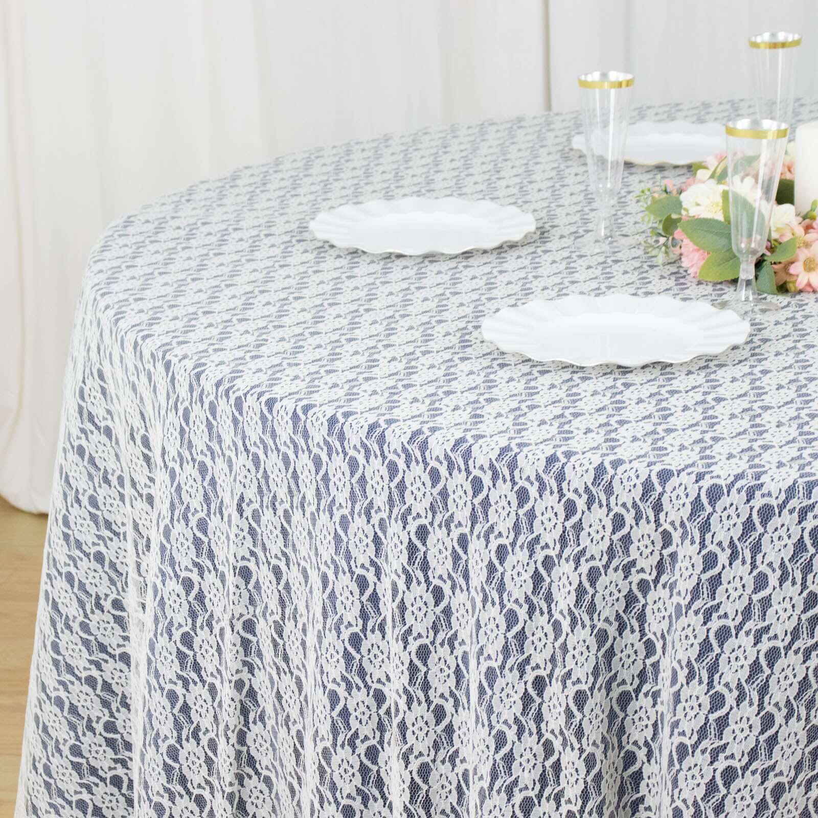 120" Ivory Round Seamless Polyester Floral Lace Tablecloth for 5 Foot Table With Floor-Length Drop