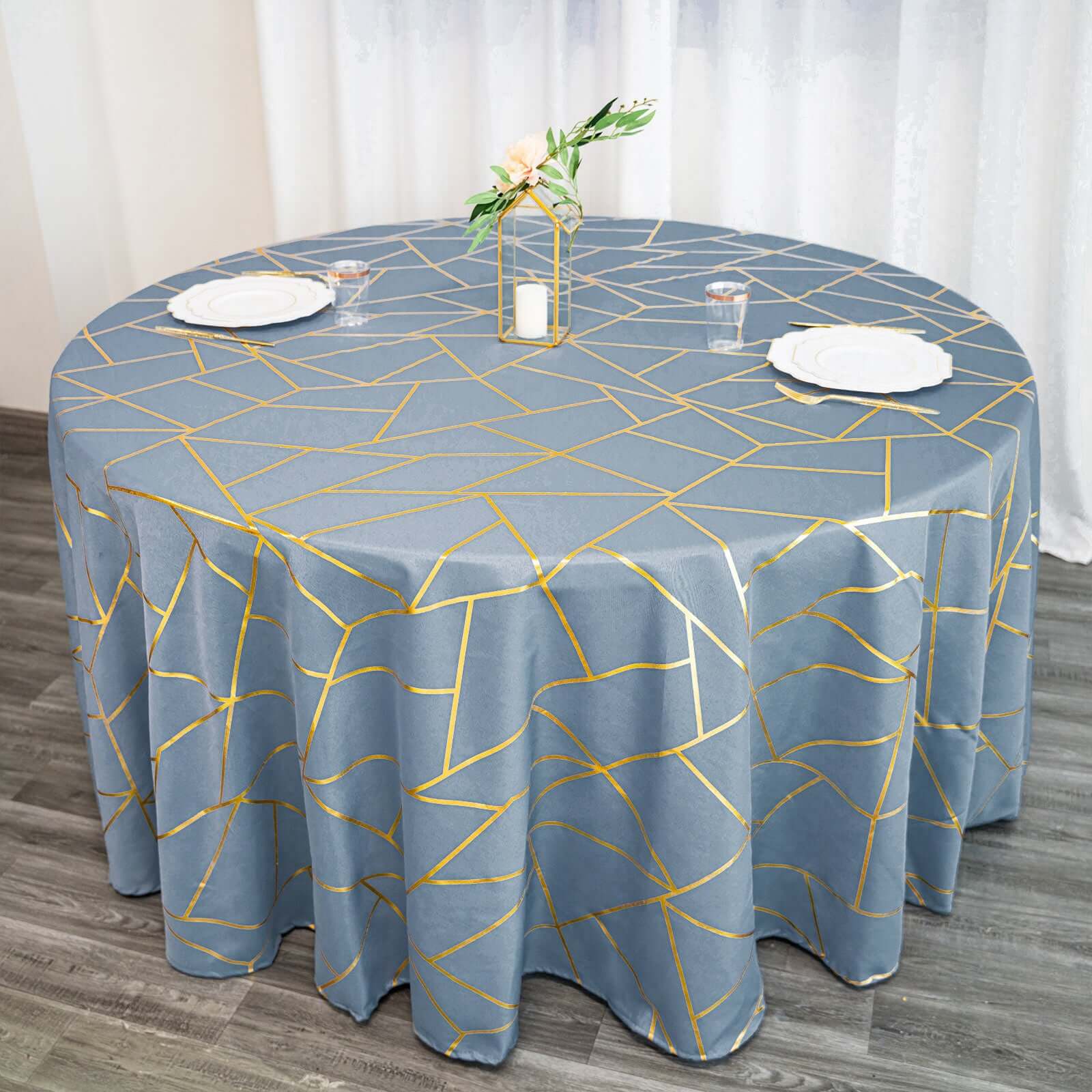 Polyester 120" Round Tablecloth Dusty with Gold Foil Geometric Pattern Wrinkle-Resistant Seamless Table Cover