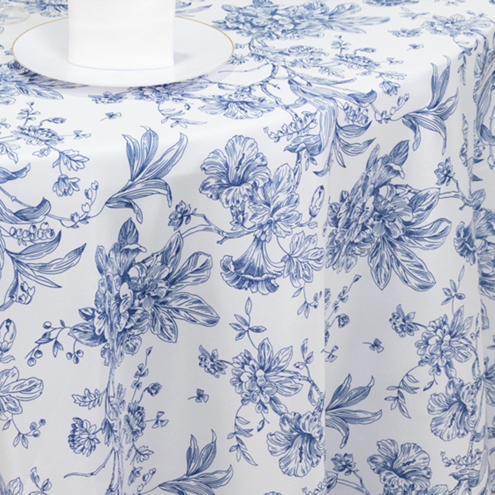 Polyester 120" Round Tablecloth White - Blue French Toile Pattern for Chic Weddings