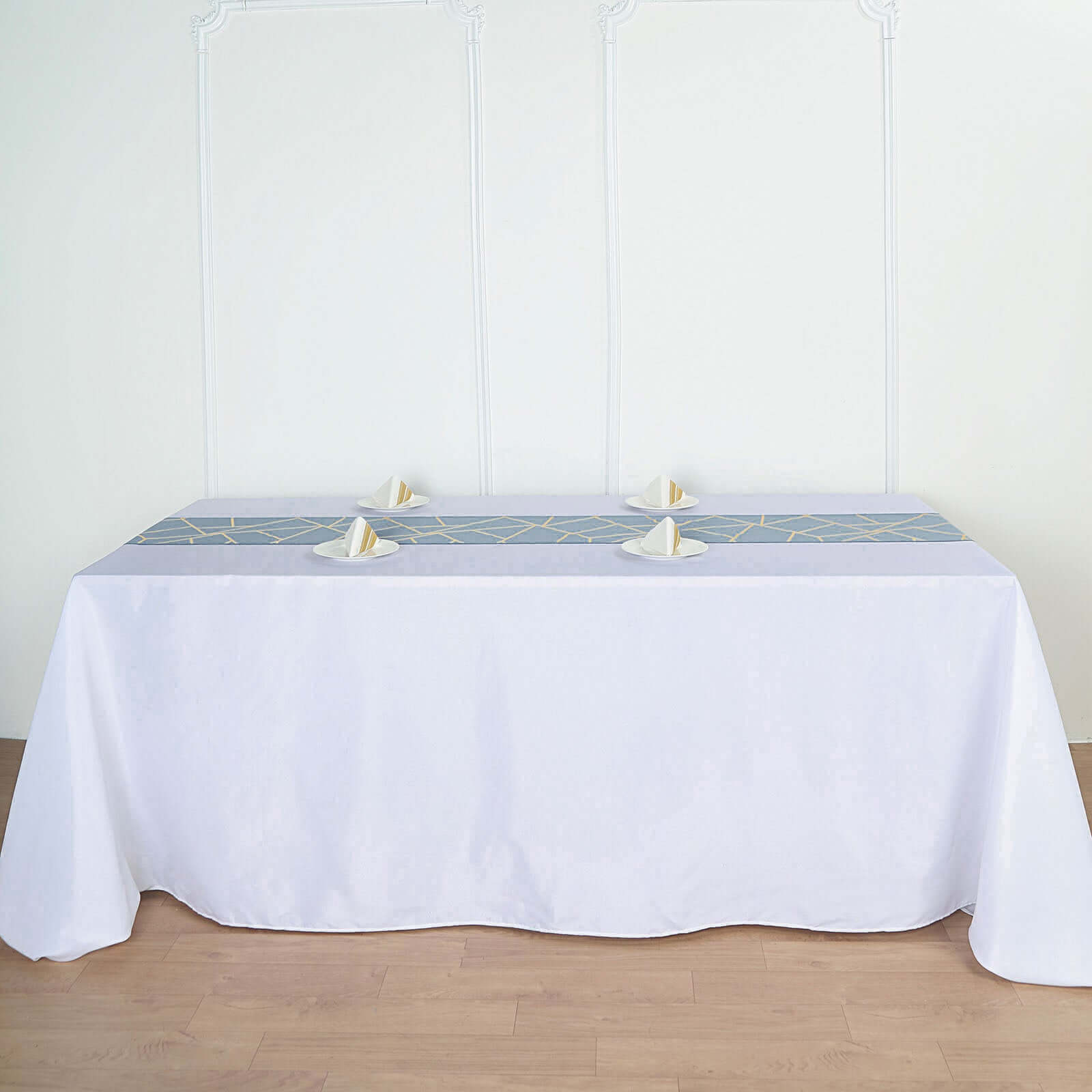 Polyester 9ft Table Runner Dusty Blue with Gold Foil Modern Geometric Accent