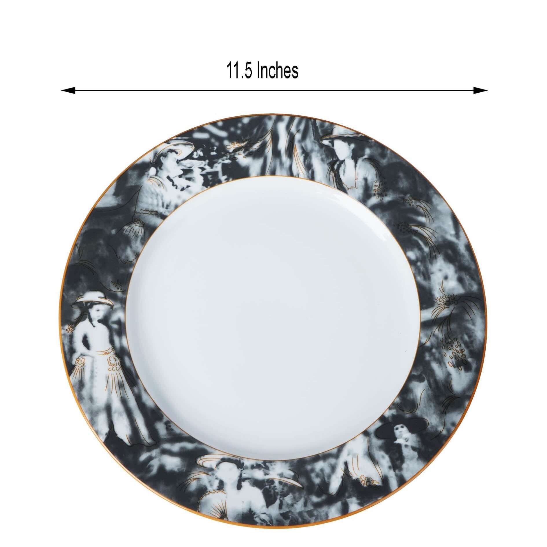 12-Pack Porcelain Dinner Plates White/Black Break Resistant - Durable Microwave Safe Plates with Art Nouveau Rim 11"