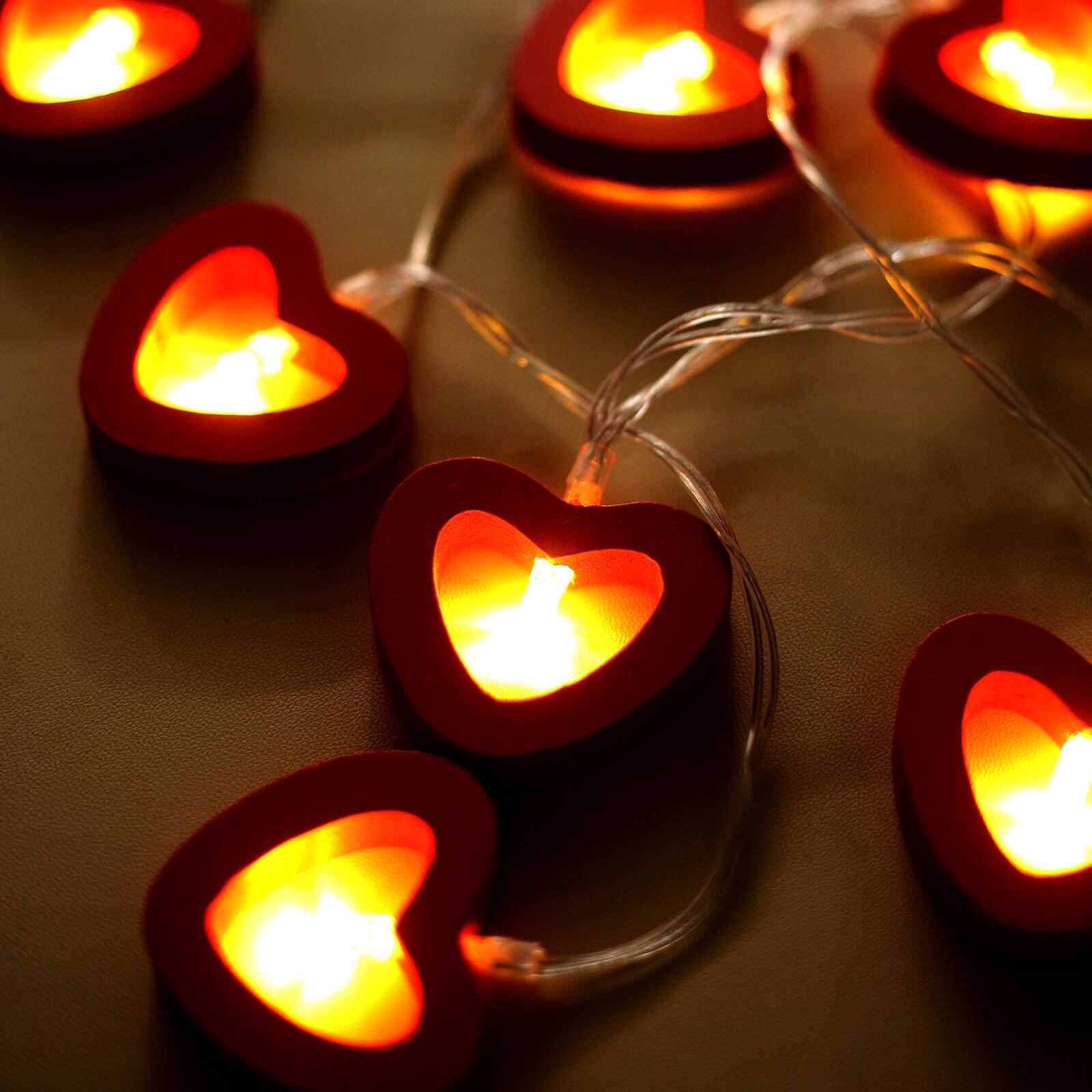 Wooden Heart String Lights Red Design Warm White - Battery Operated Hanging Accent 5ft